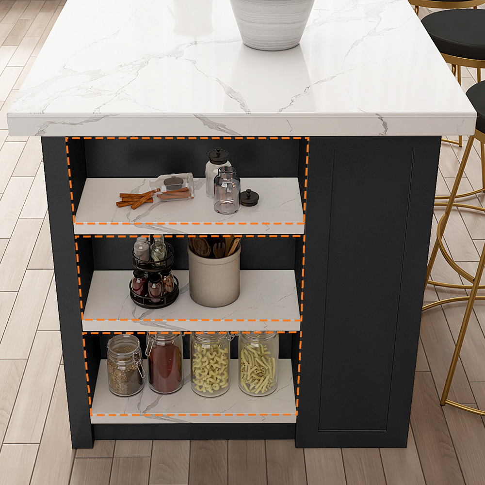 Isla de cocina moderna de 1830 mm en color blanco y negro, con encimera de piedra sinterizada y almacenamiento múltiple