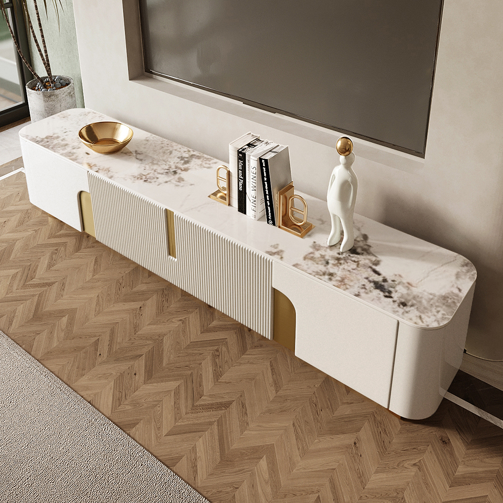78.7" Stone Top Beige & Gold TV Stand with 4 Doors and Storage