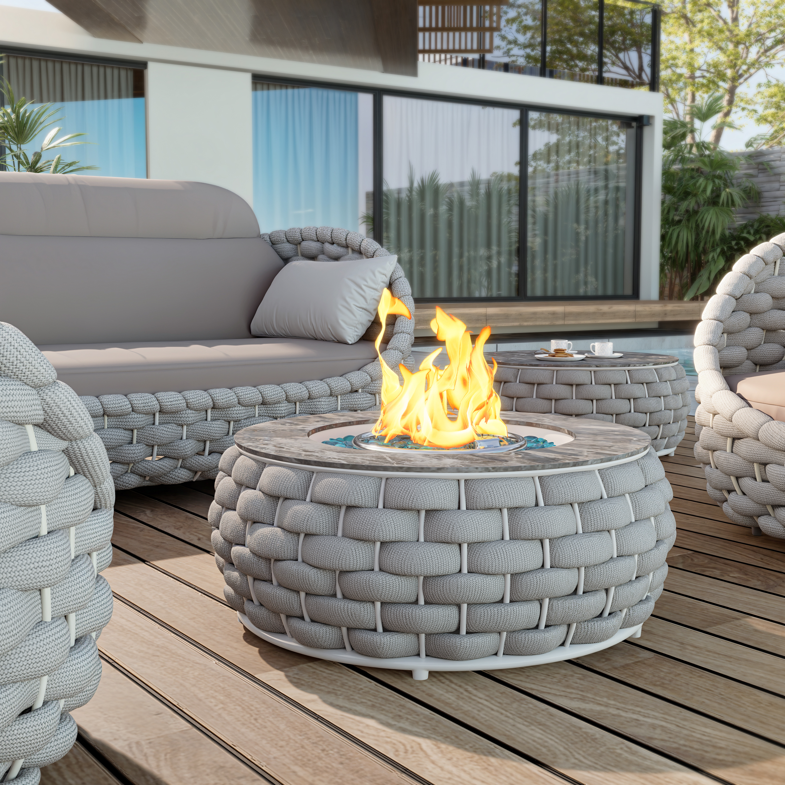 Smokeless Propane Outdoor Fire Pit Table Tatta Weave Round Propane Outdoor Fire Pit & Outdoor Sofa Set  (13.8" High)