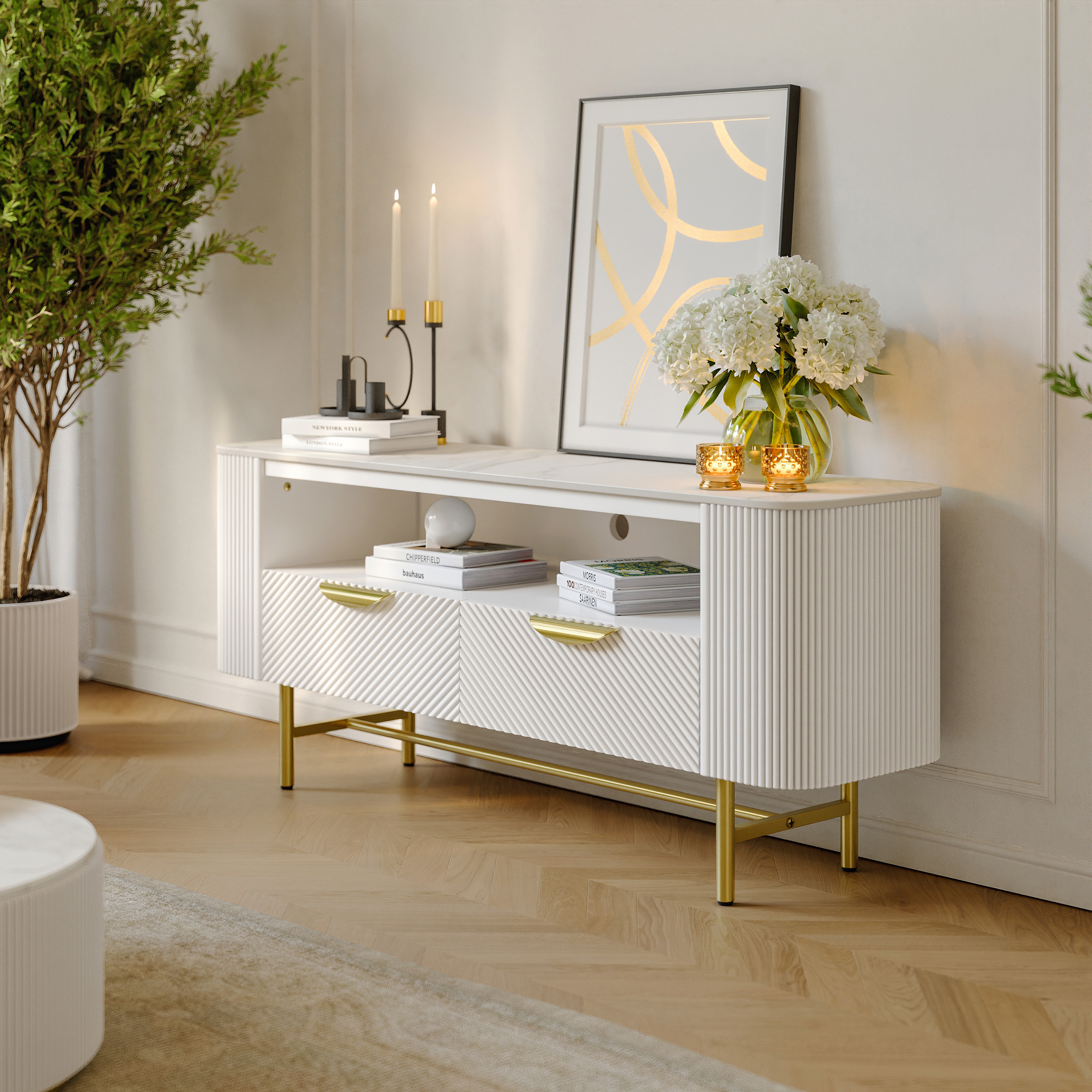 50" Small TV Stand with Sintered Stone Top White Media Console with Storage	
