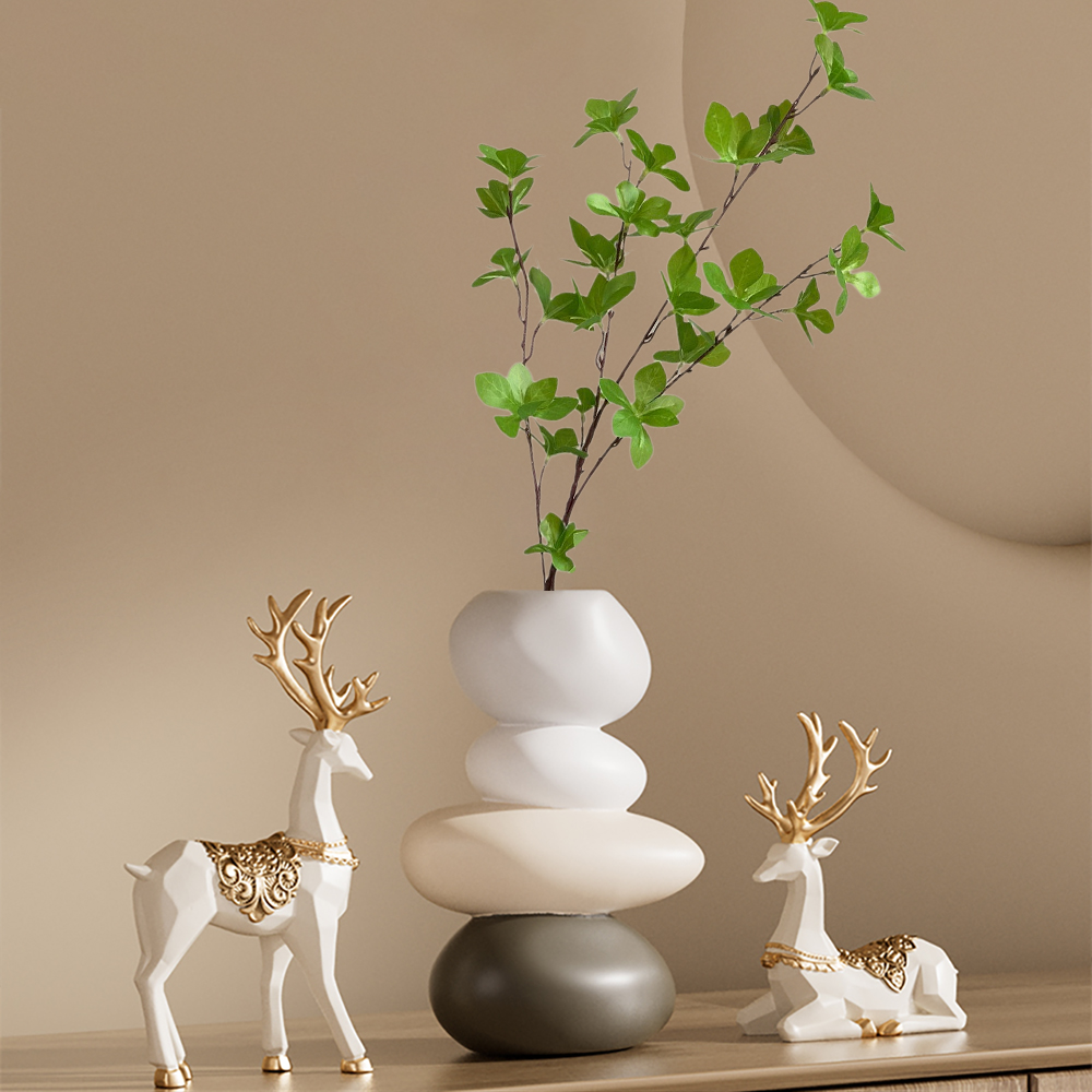 Resin Stacked Stone Base Vase with Artificial Tree Multicolor Faux Plastic Indoor Plant Decor