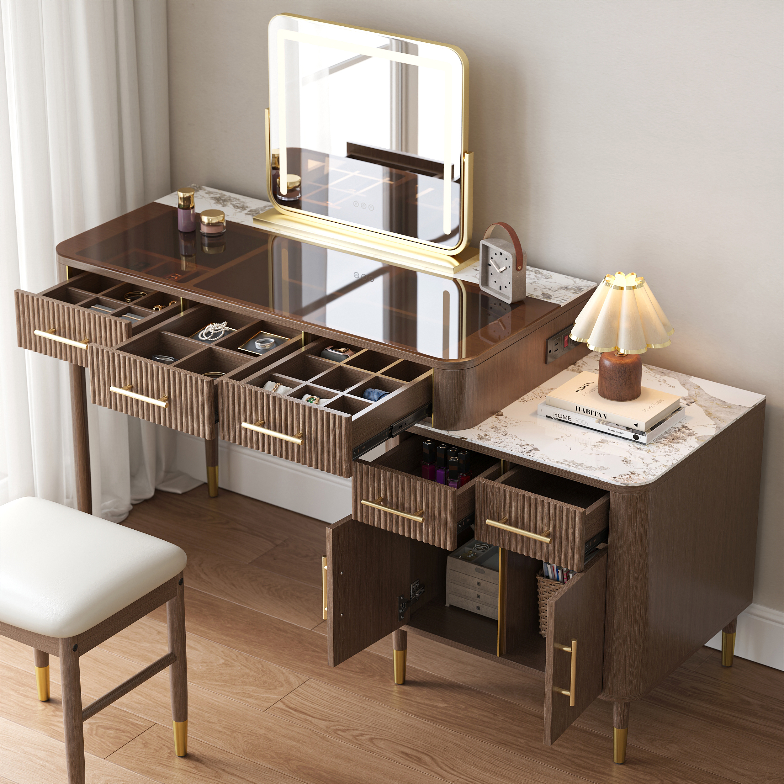 Walnut Makeup Vanity Set with Lighted Mirror & Stool Mid Century Modern Dressing Table with Glass