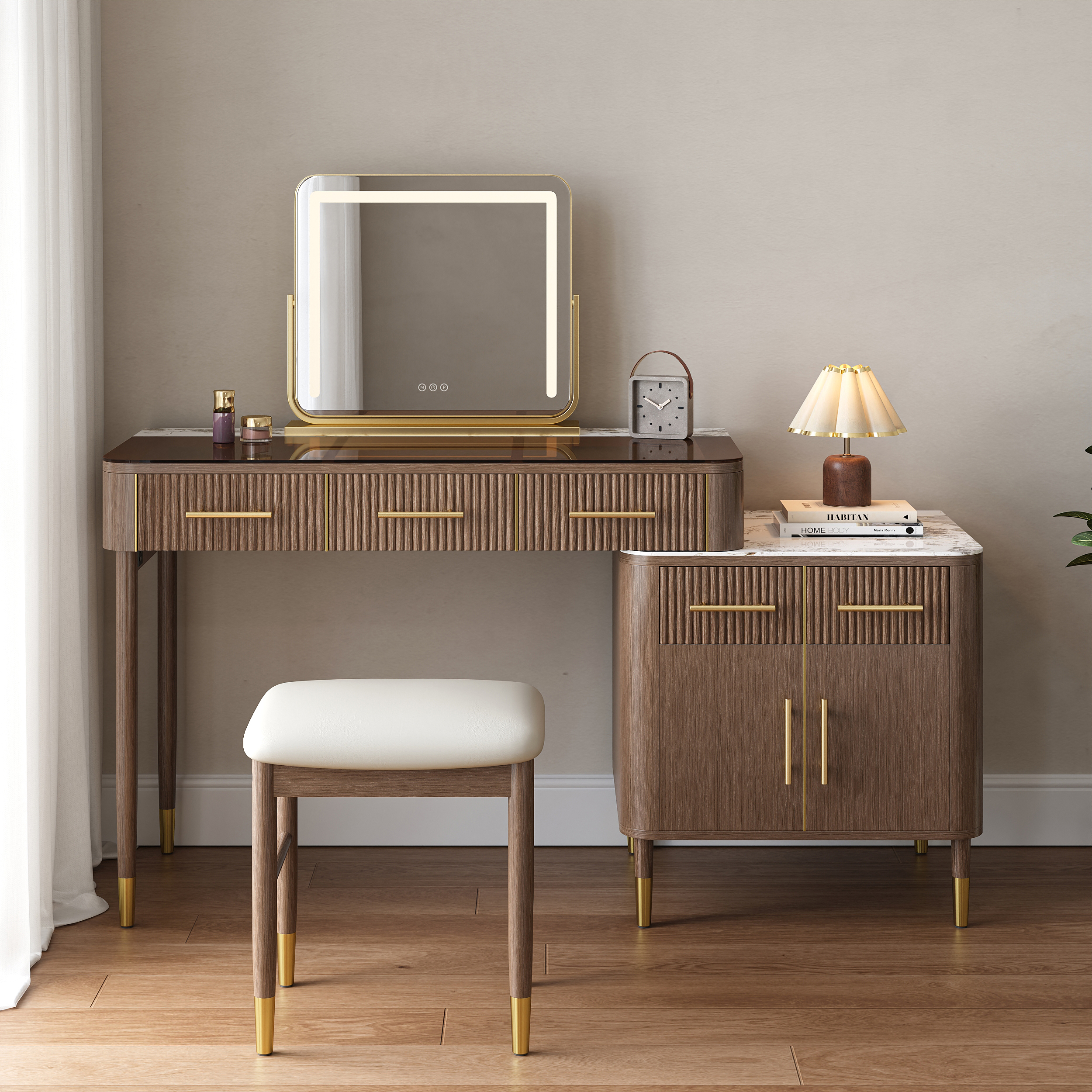 Walnut Makeup Vanity Set with Lighted Mirror & Stool Mid Century Modern Dressing Table with Glass