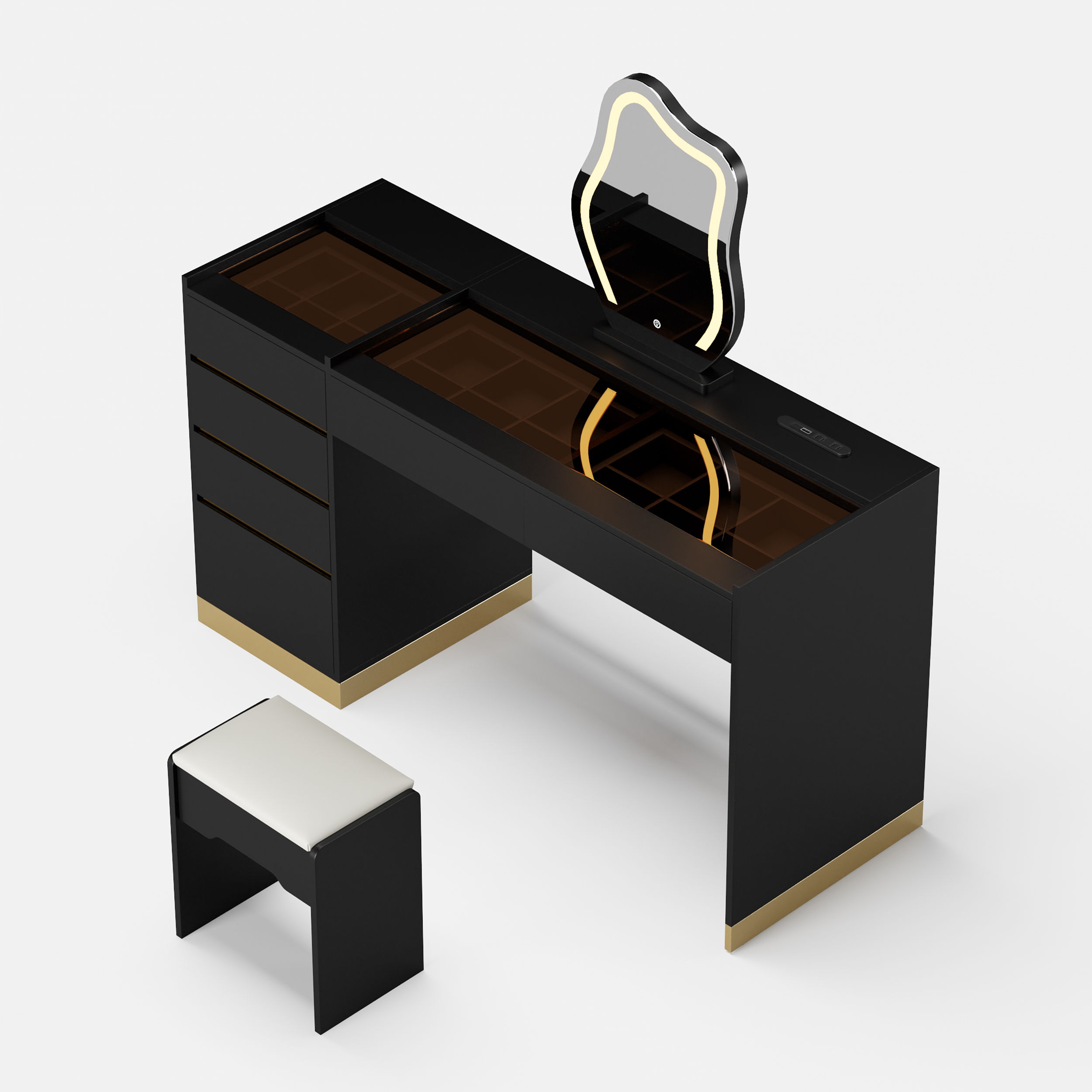 Modern Black Makeup Vanity Set with Lighted Vanity Mirror & Charging Station & Jewelry Storage Dressing Table