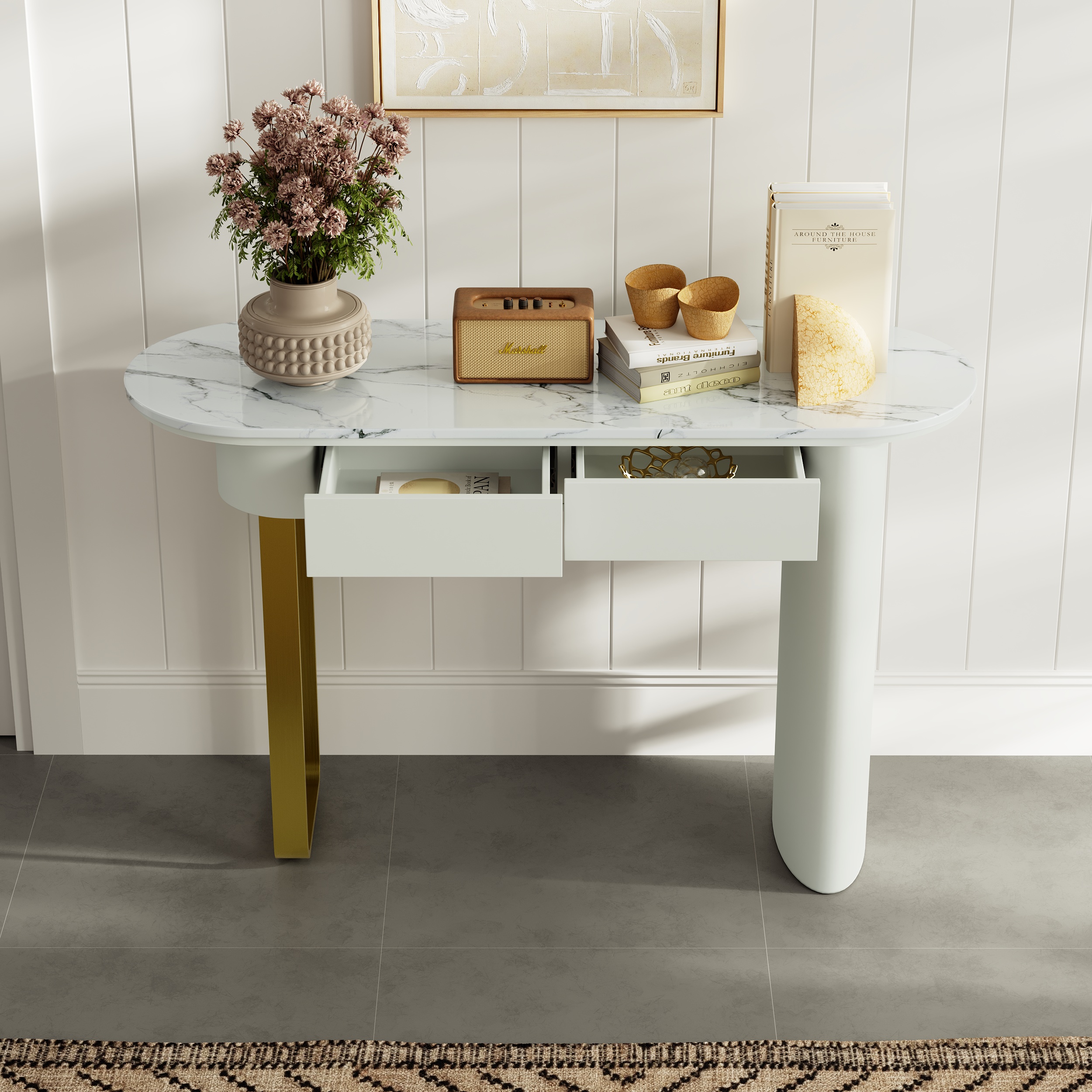 2-Drawer Marble Console Table Entryway Furniture in White (45'' Wide)