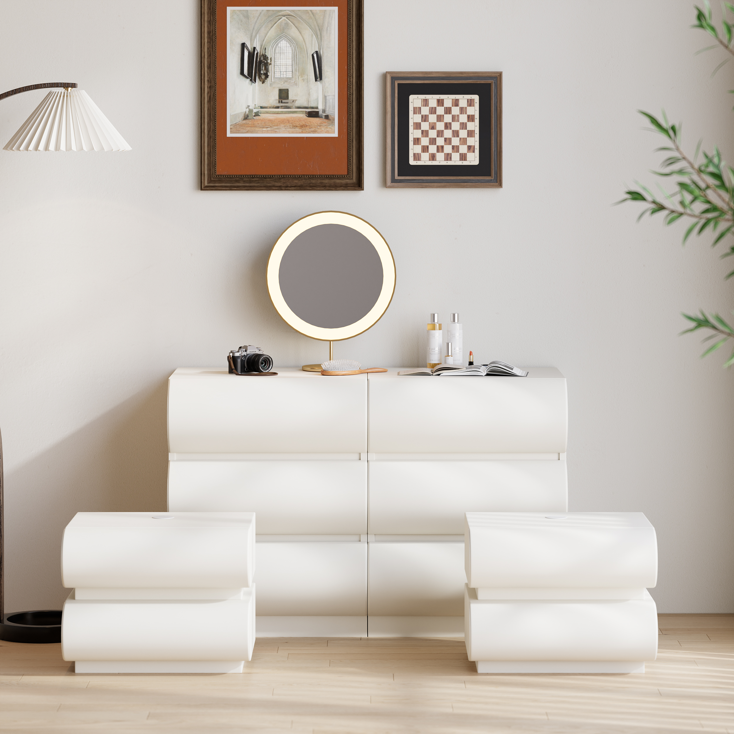 Bedroom Dresser & Nightstands Set Leather White 6-Drawer Dresser Chest & 2 White Leather Smart Nightstands
