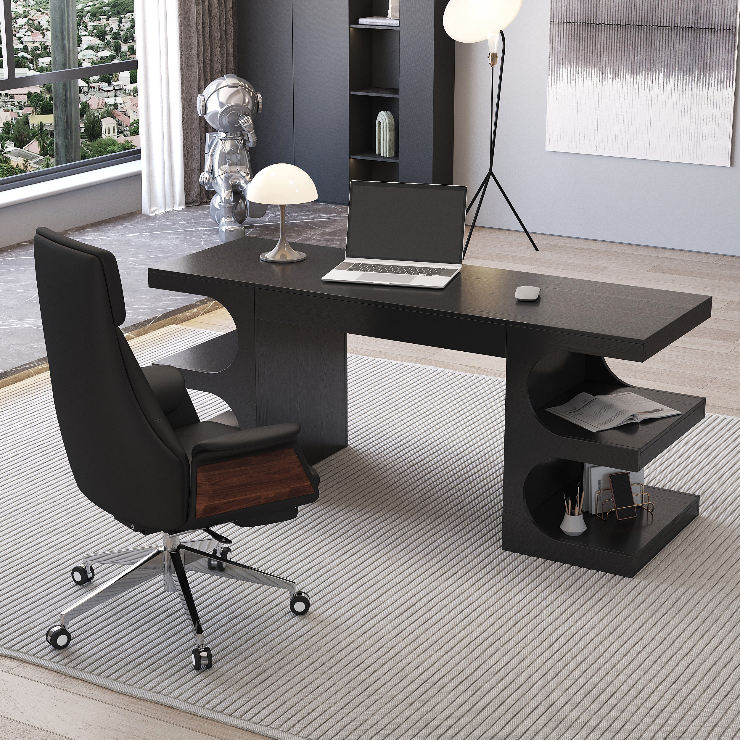 Modern Black Writing Desk Office Desk with 1 Drawer & 4 Open Shelves Office Furniture (64.2")