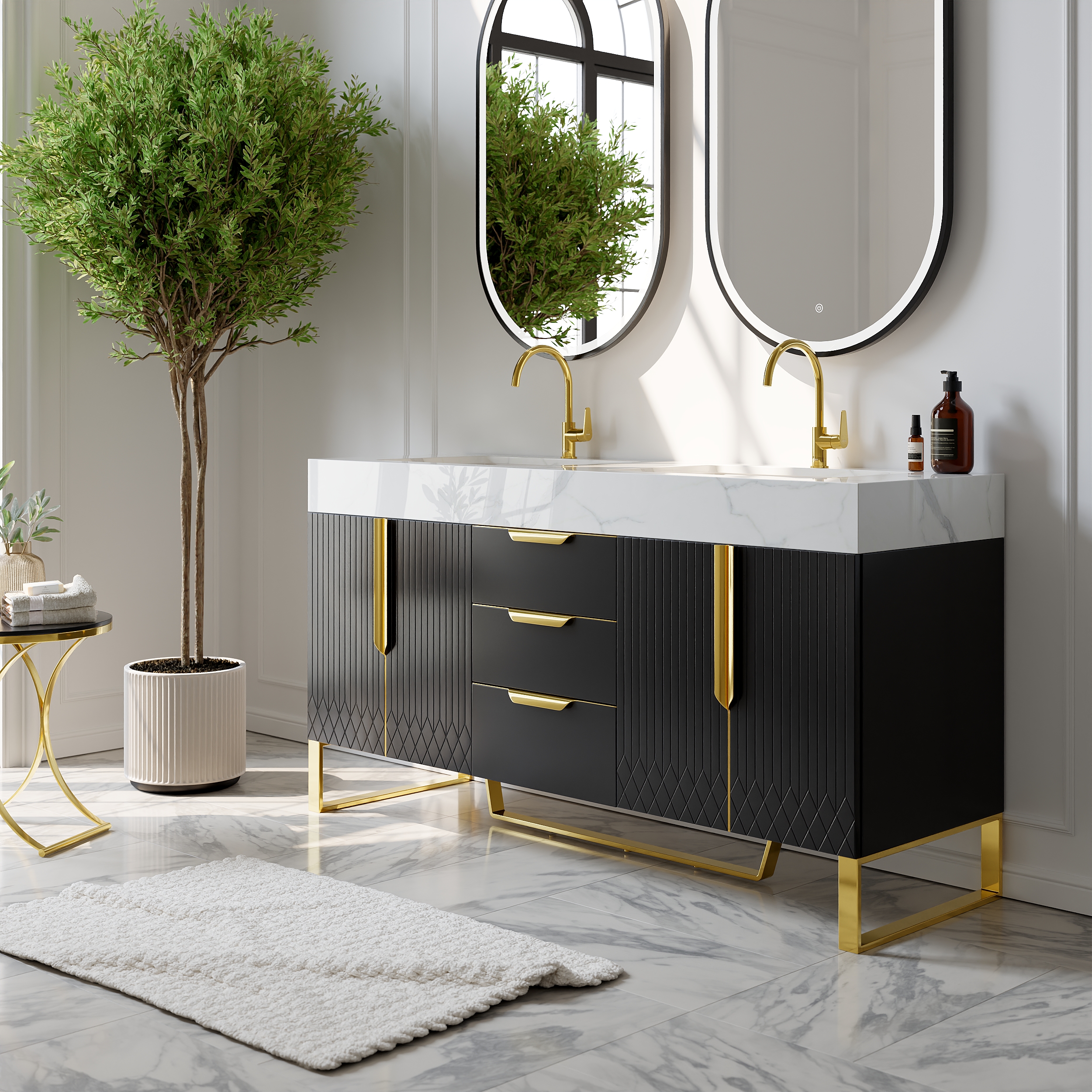 59" Bathroom Vanity Freestanding Cultured Marble Top with Double Sink Drawers & Doors Black