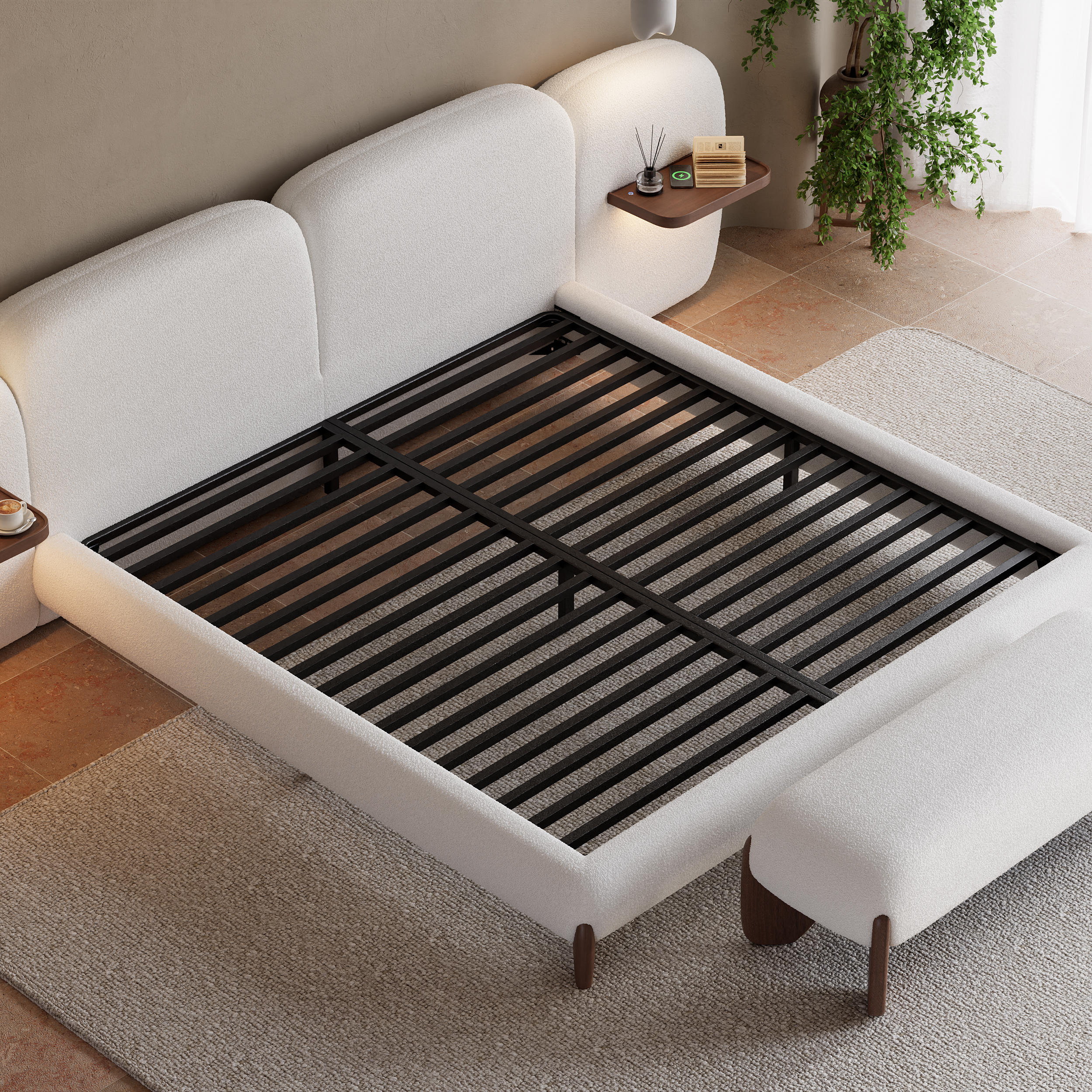 King Size Curva Boucle Upholstered Bed Frame with Extended Headboard & Floating Charging Shelves