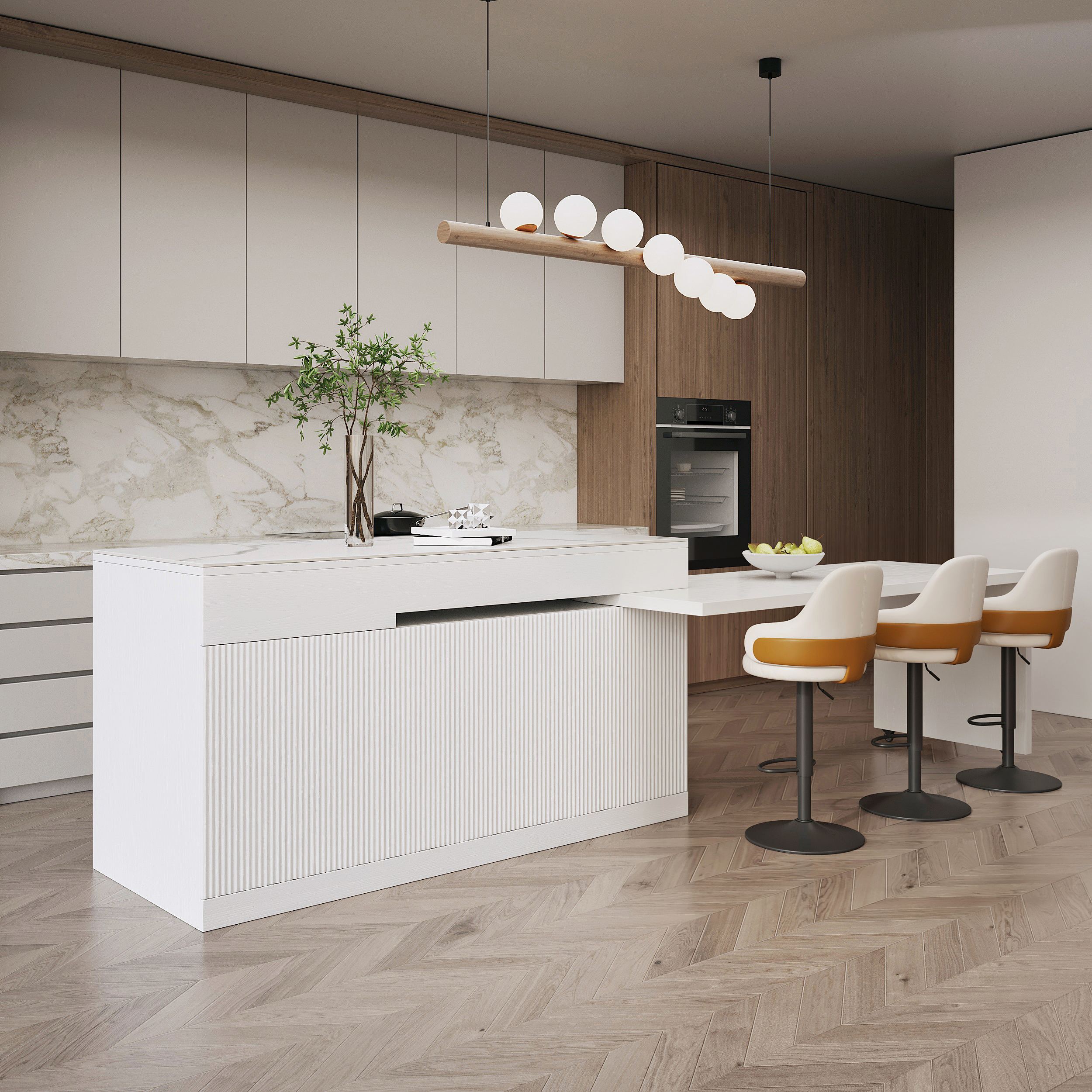 81''-106" Extendable Kitchen lsland Faux Marble Top with Doors & Drawers White Modern