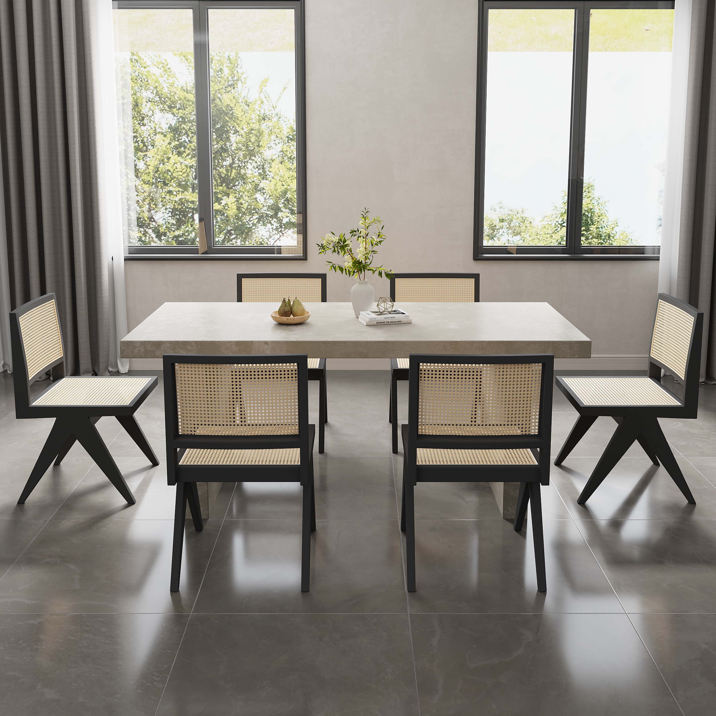 Dining Table Set 71" Rectangular Farmhouse Dining Table & 6 Archic Black Dining Chairs