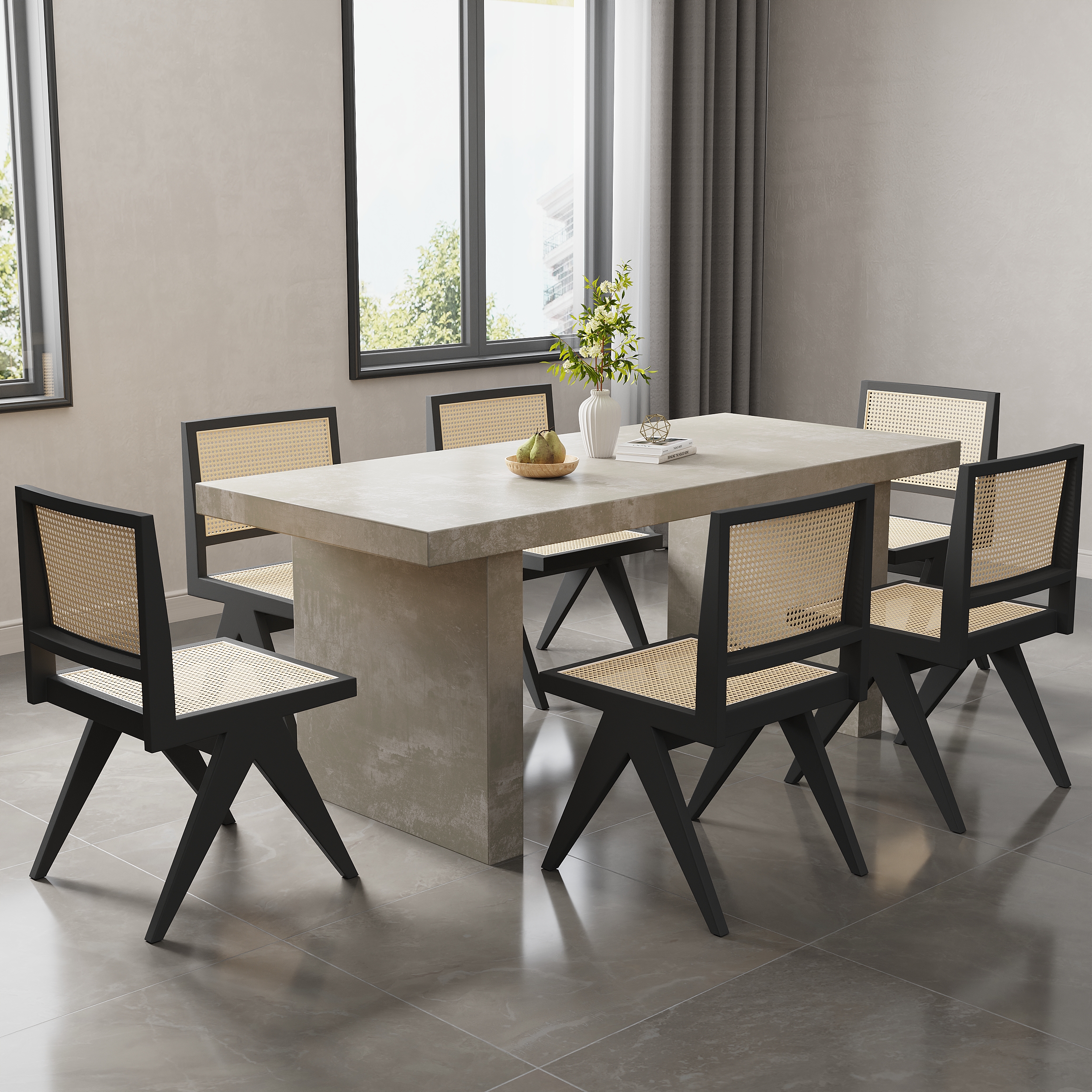 Dining Table Set 71" Rectangular Farmhouse Dining Table & 6 Archic Black Dining Chairs