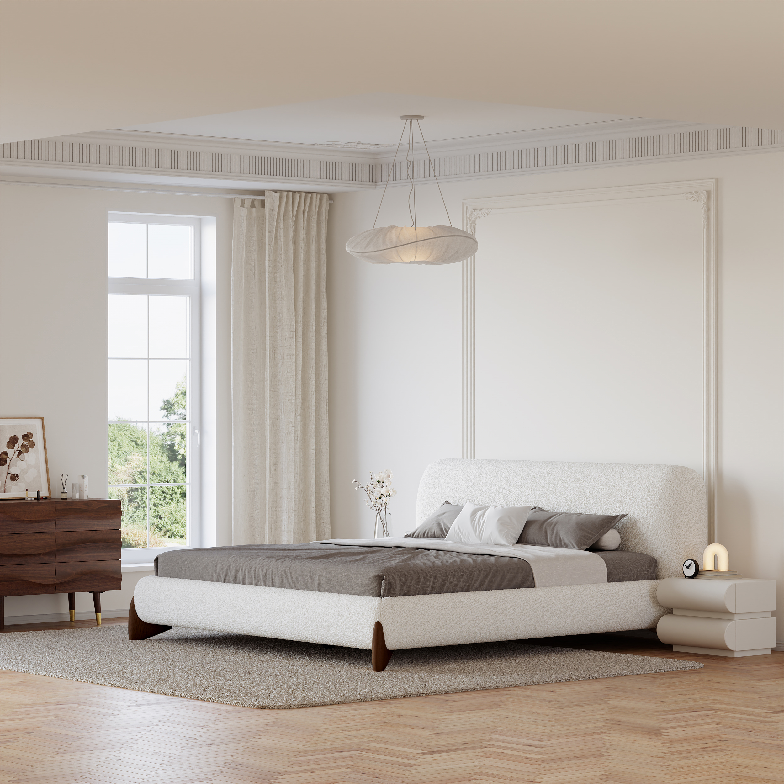 Homary King Size Modern Upholstered Bed Frame with Headboard White Boucle Mid-Century Modern Platform Bed