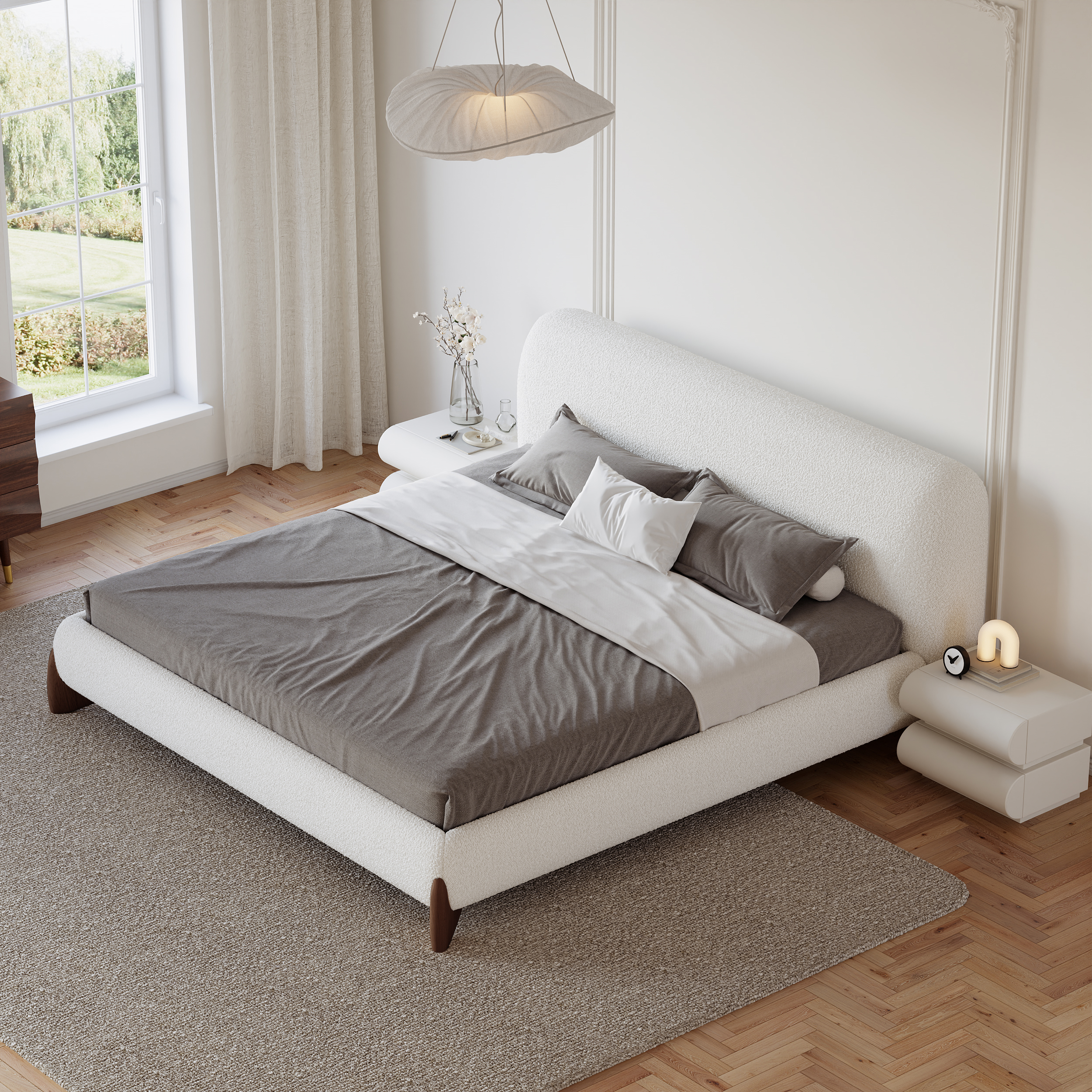 Queen Bedroom Set White Boucle Queen Size Platform Bed Frame with Headboard & Bedroom Bench Set