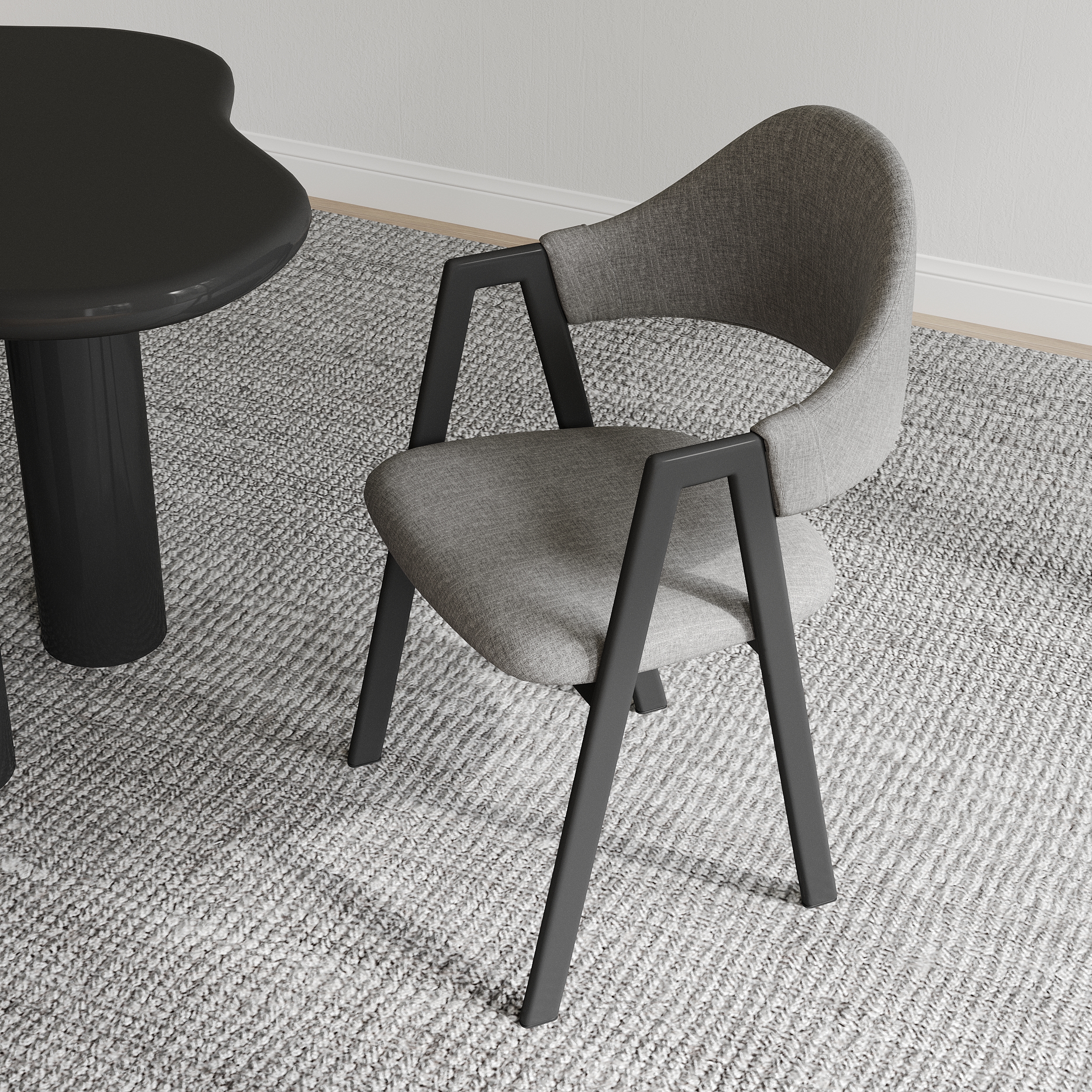 Irregular Dining Table & 6 Dining Chairs Set 71" Japandi Black Table Gray Linen Upholstered Chairs