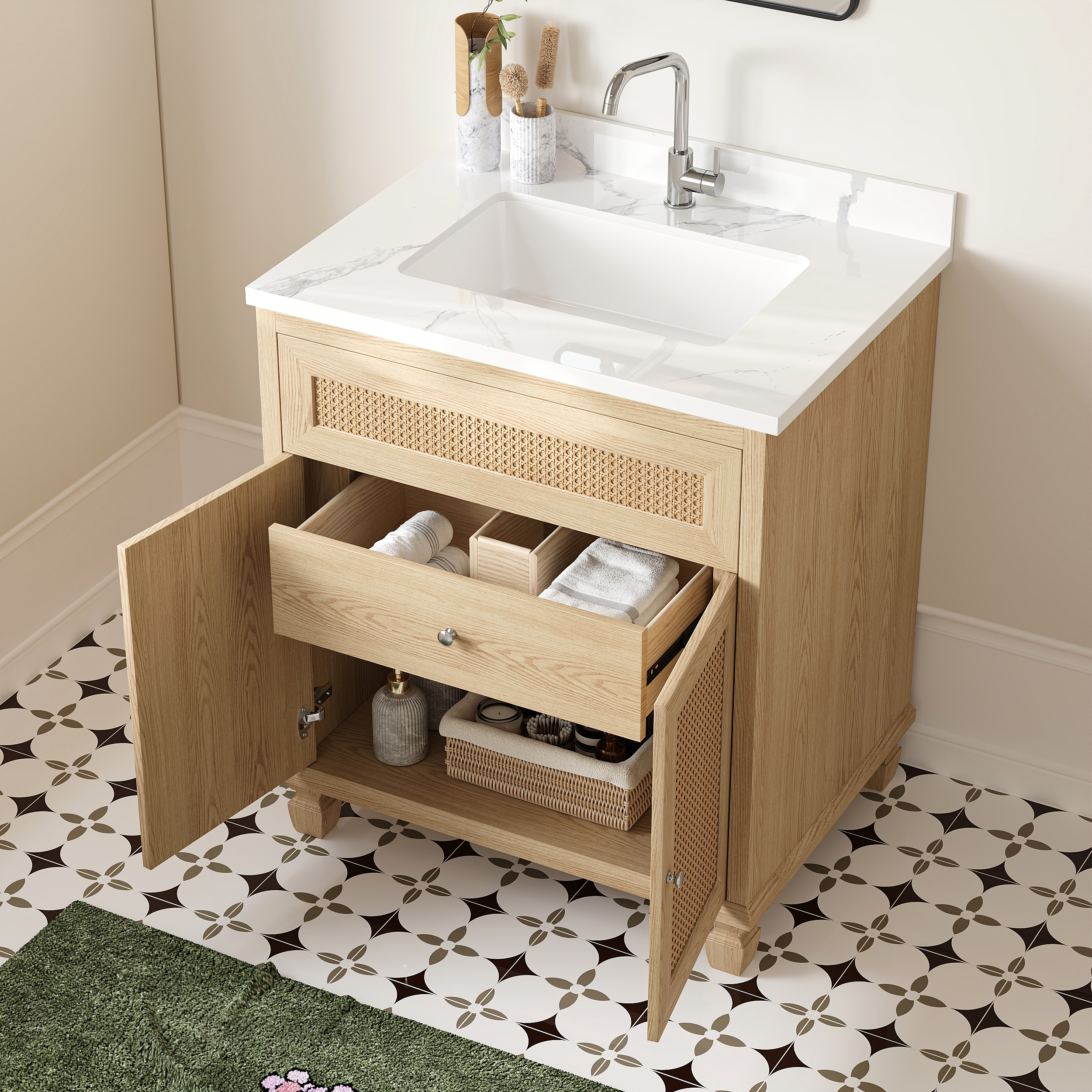 29.9" Freestanding Bathroom Vanity With Sink Sintered Stone Top with Ceramic Vessel Sink & Drawer