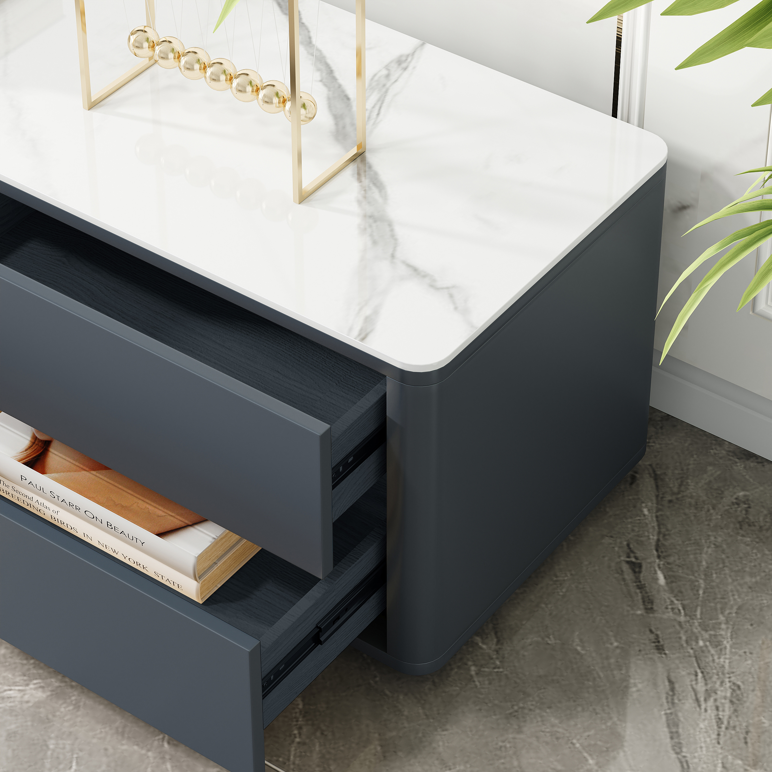 Modern Dark Gray TV Stand Stone Top 4-Drawer Glass Doors Media Console in Large