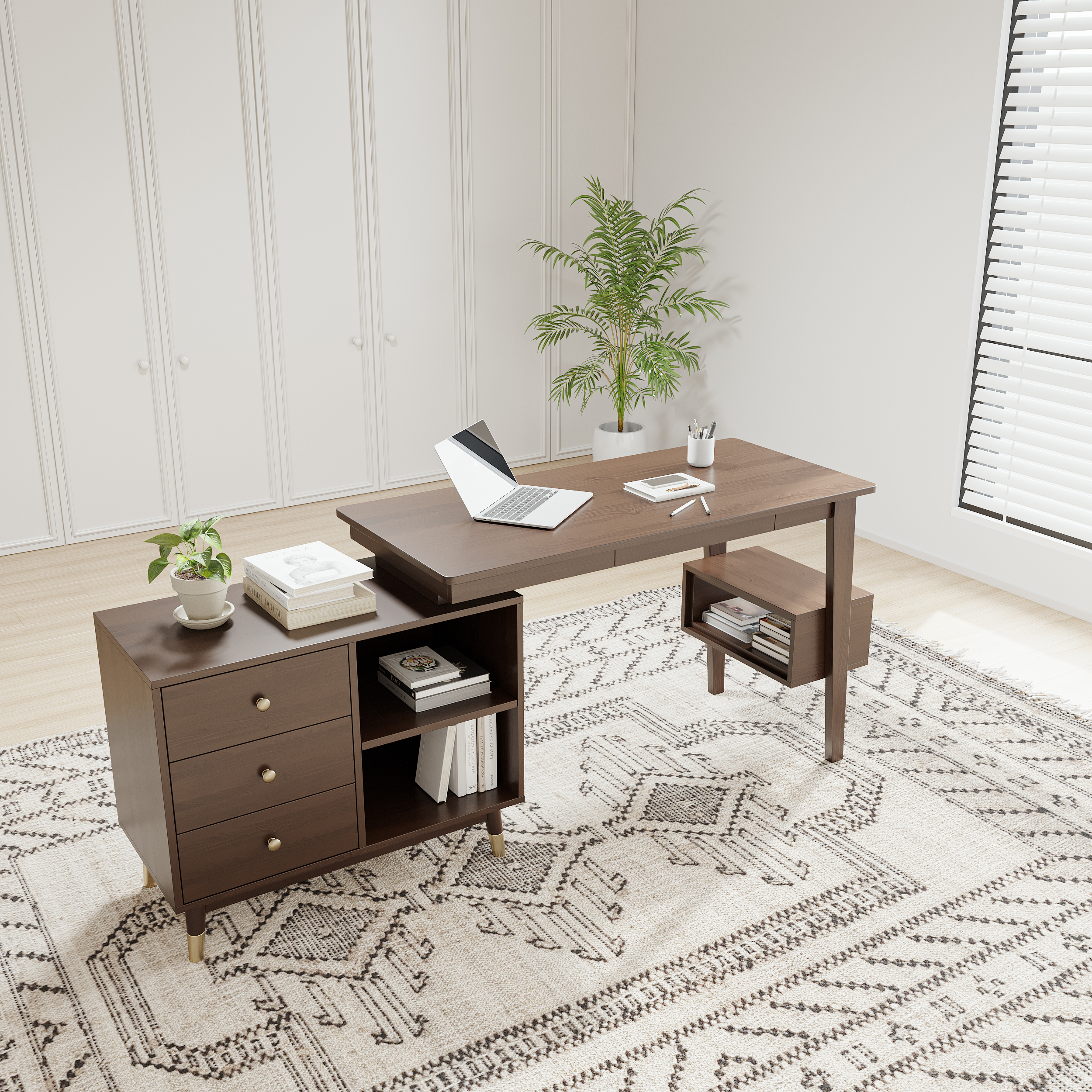 Ultic Walnut L Shaped Home Office Desk & Faux Leather Office Chair Set with Wheels