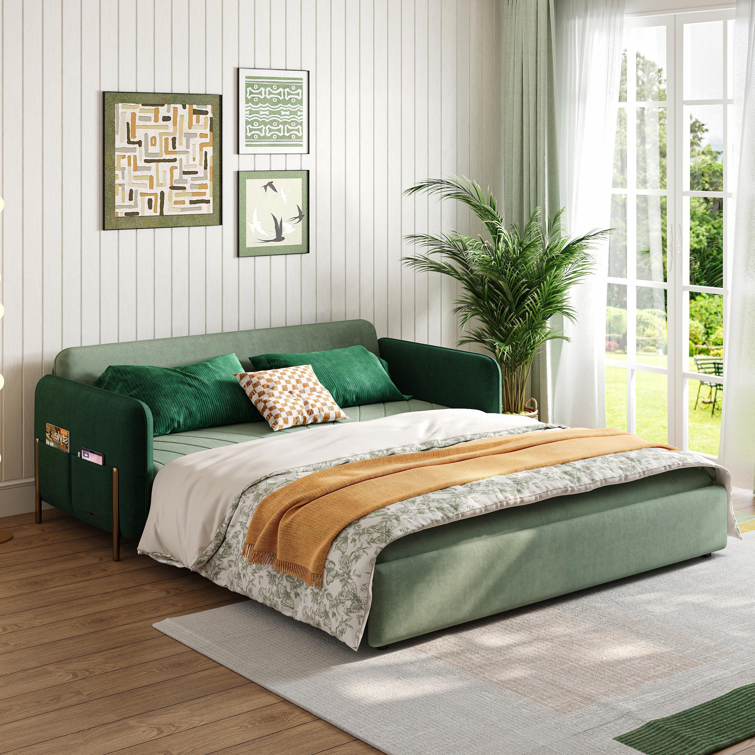 Green Daybed with Trundle Full Size Loveseat Pull Out Sleeper Sofa Couch