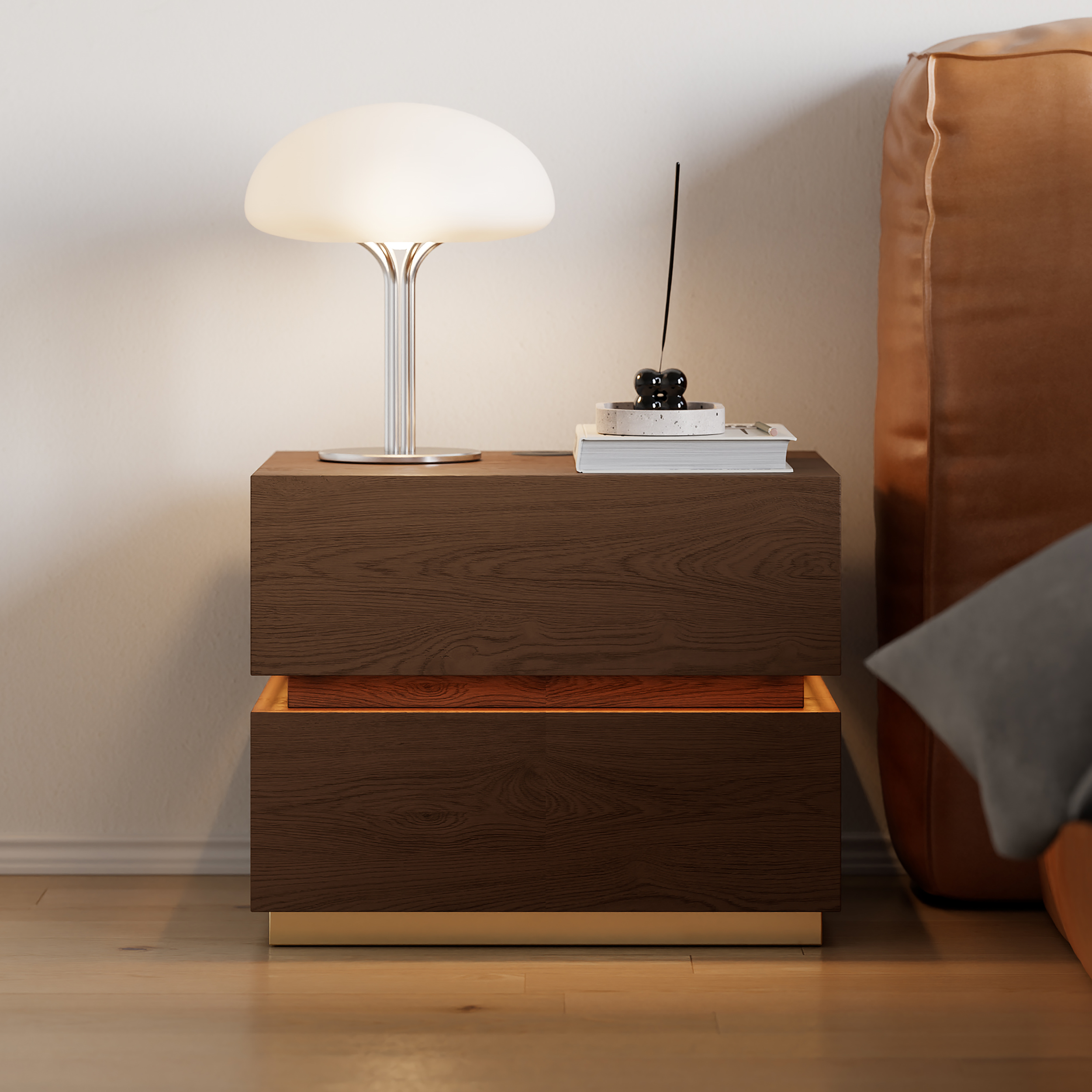 Smart LED Nightstand Wireless Charging Station Wood Bedside Table with Light Modern Set of 2