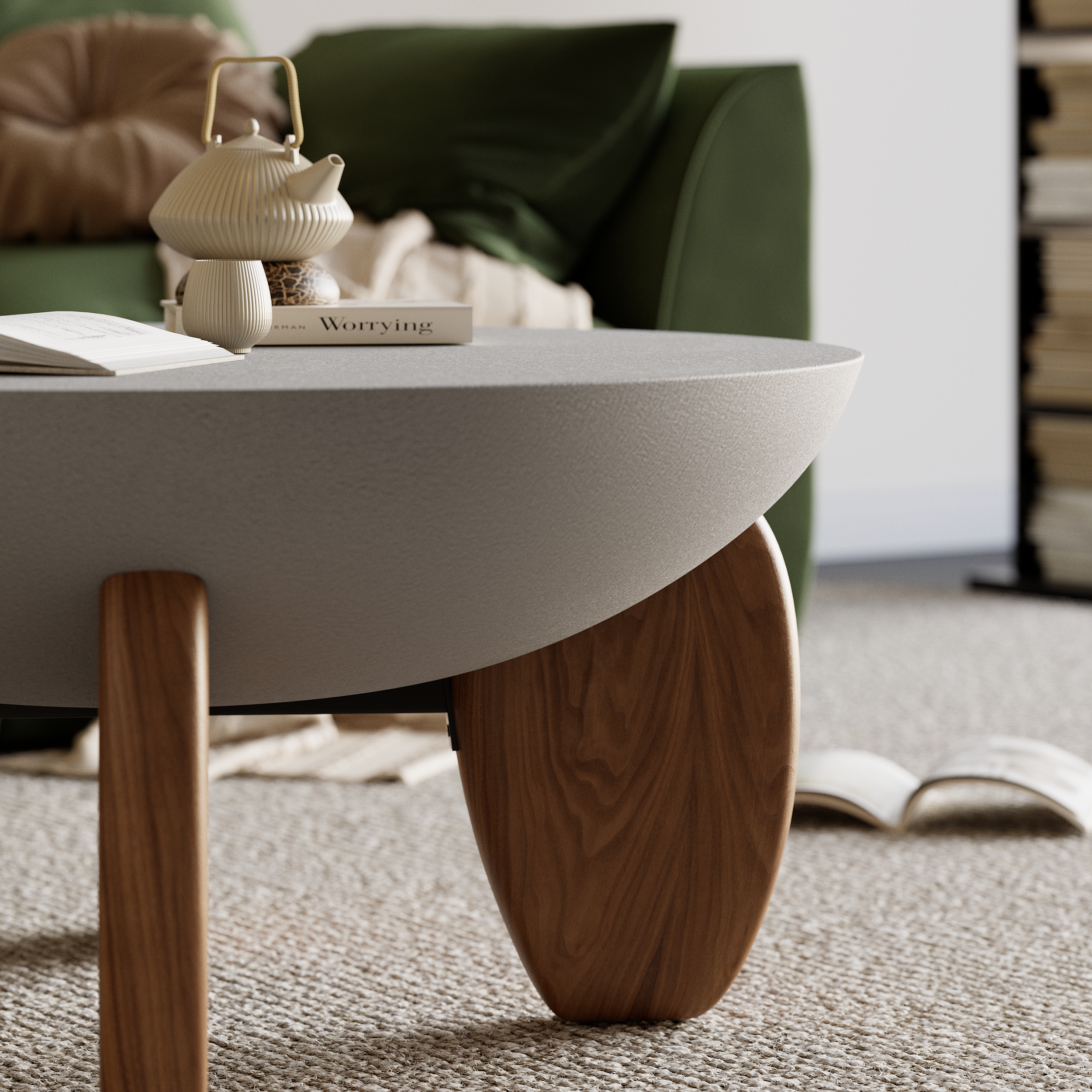 Curva Round Small Modern Gray & Walnut Coffee Table Concrete & Wood Accent Table