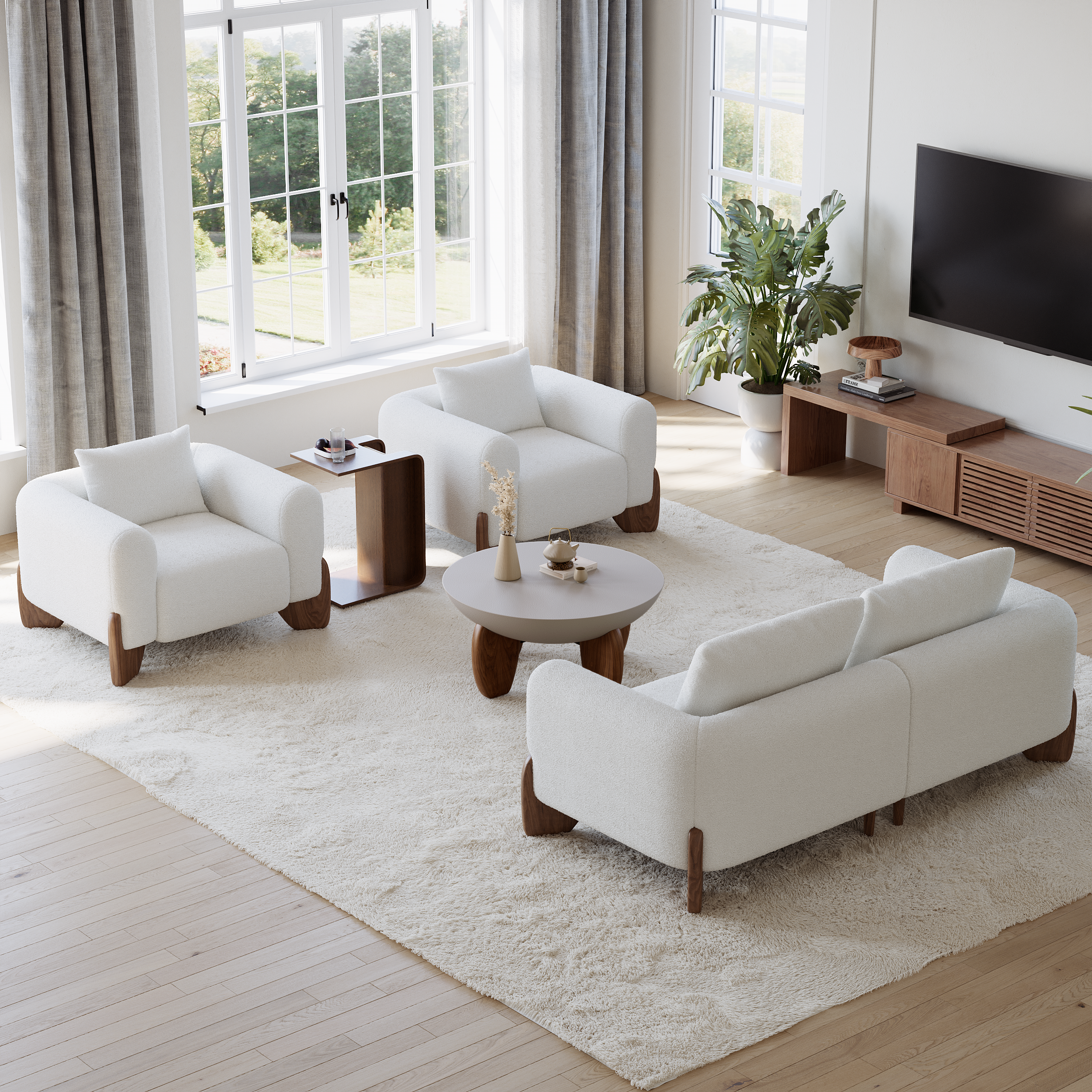 Curva Round Small Modern Gray & Walnut Coffee Table Concrete & Wood Accent Table