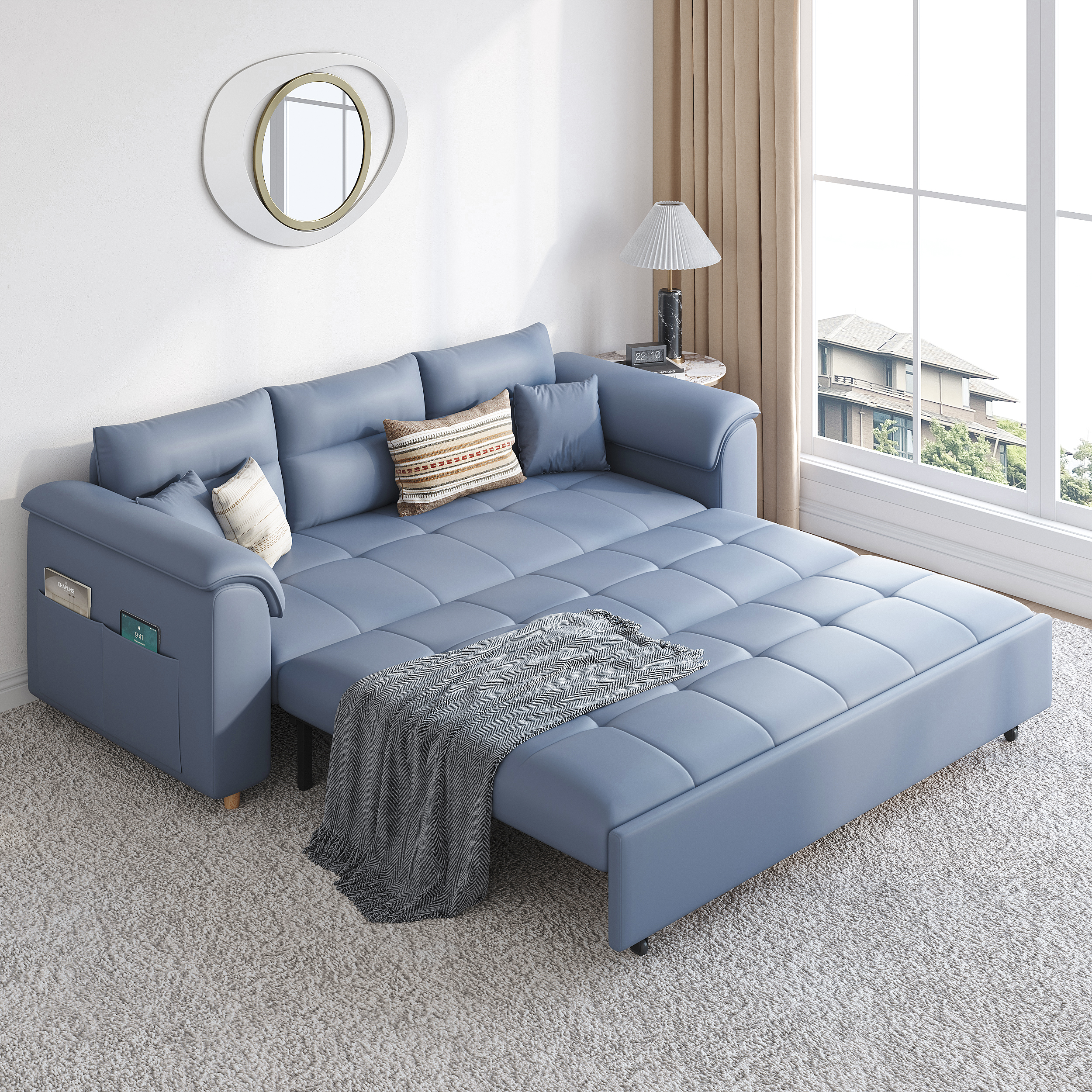 Leather Queen Size Sleeper Sofa with Trundle Pull Out Convertible Daybed