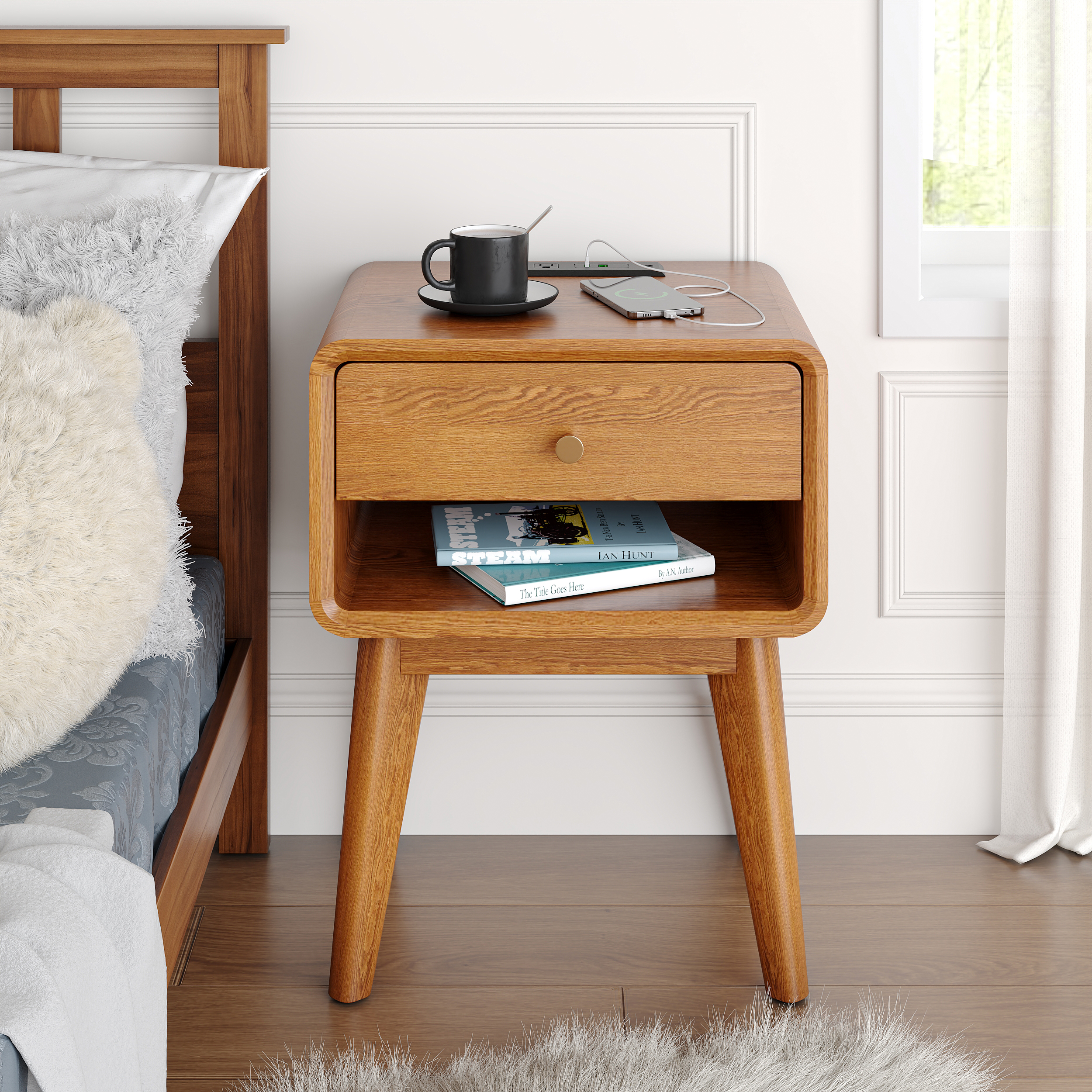 Caramel Wooden Smart Nightstand 1-Drawer Charging Bedside Table with Shelf