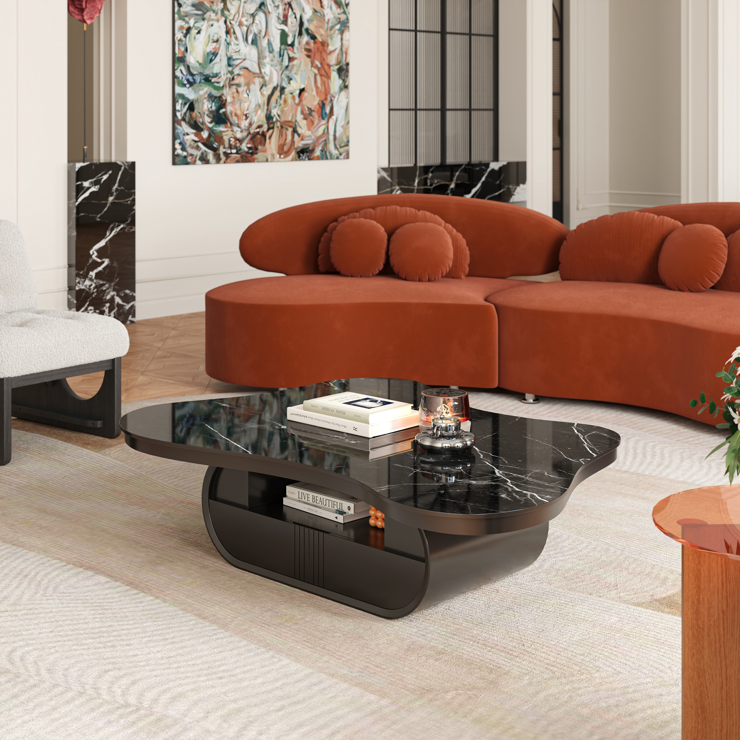 Cloud Coffee Table Wood Irregular Sintered Stone Top in Black with Drawer Storage