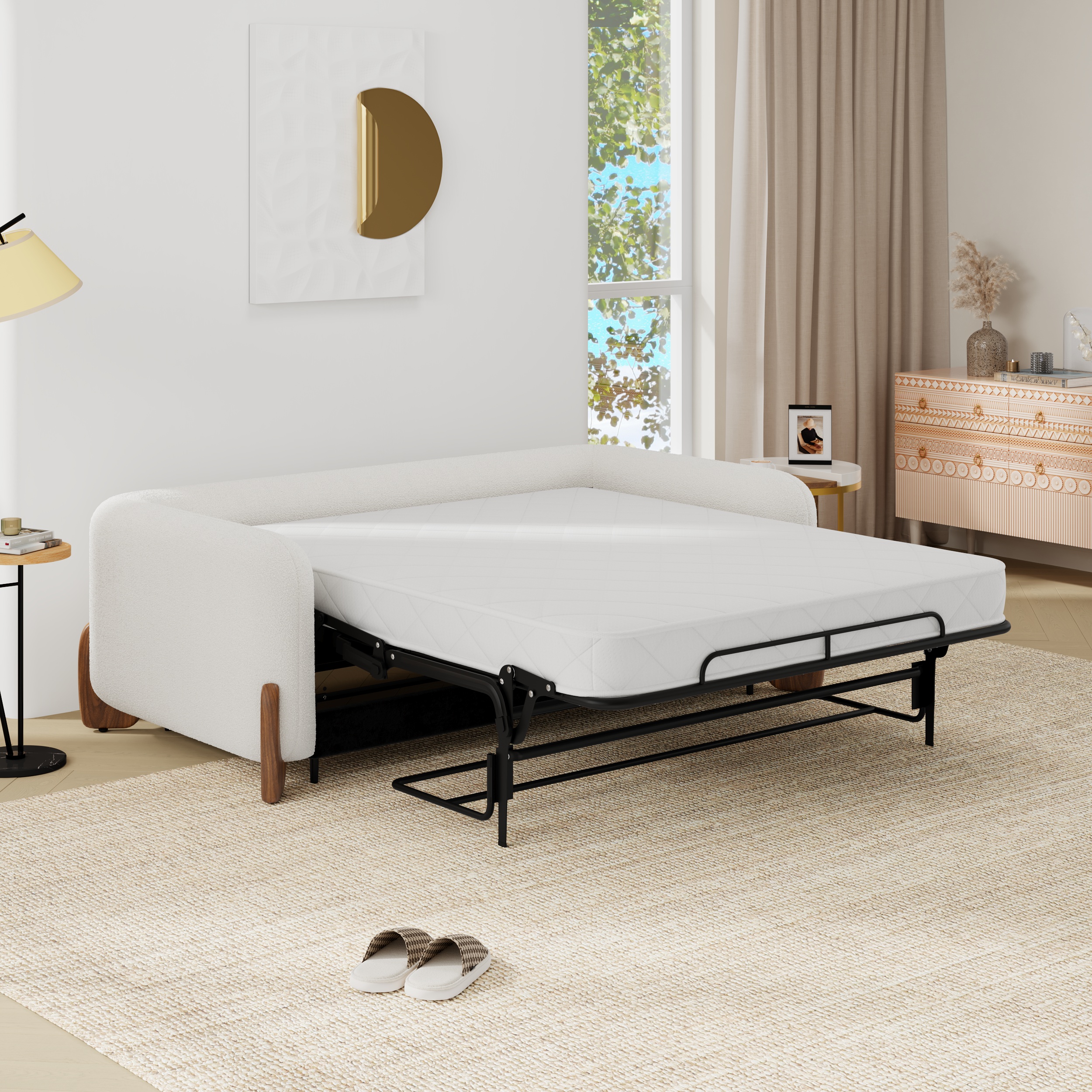 83" Curva Queen White Boucle Pop Up Sleeper Sofa with Mattress Mid Century Modern Sofa Bed