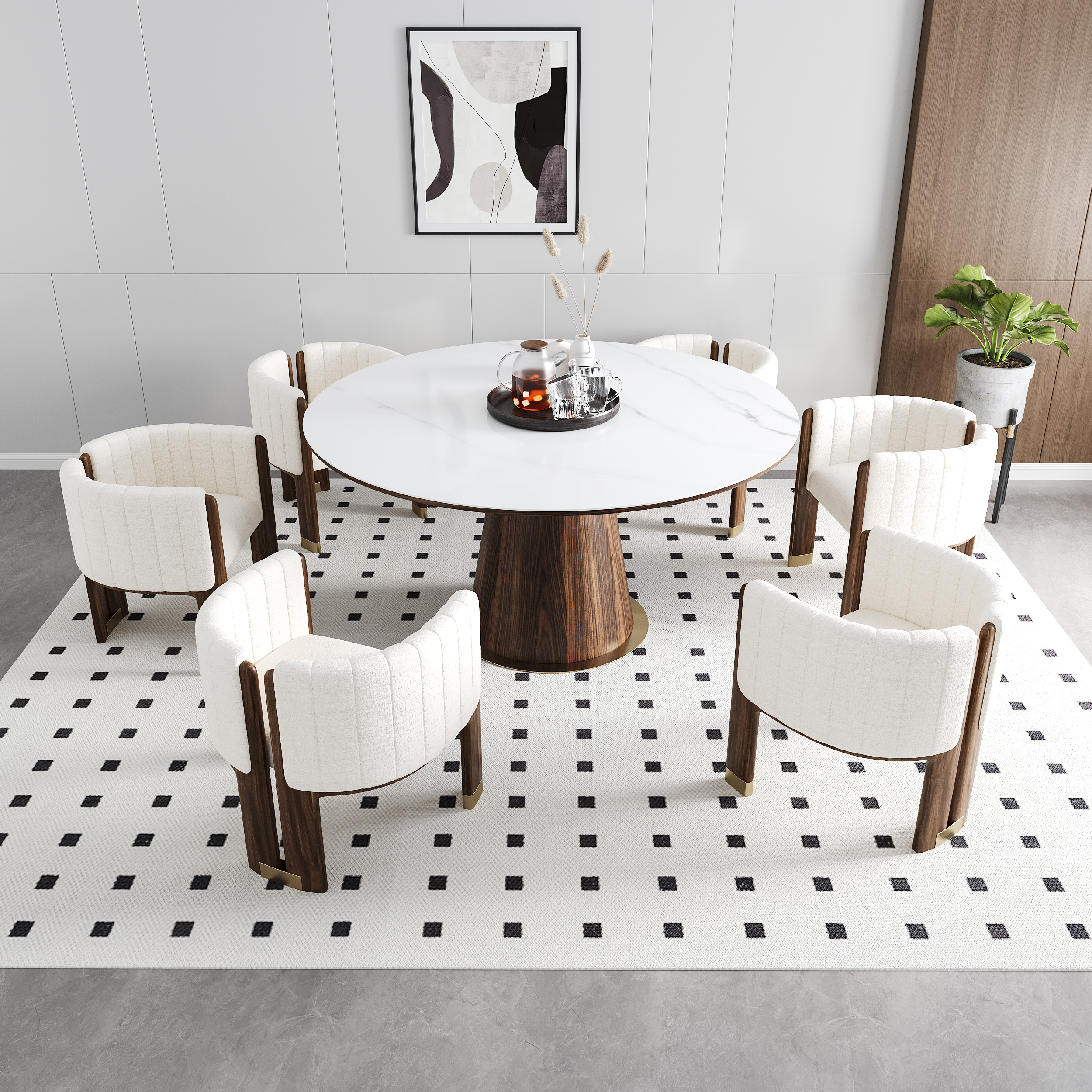 Modern Wood Accent Chair White Boucle Upholstered Arm Chair Set of 4