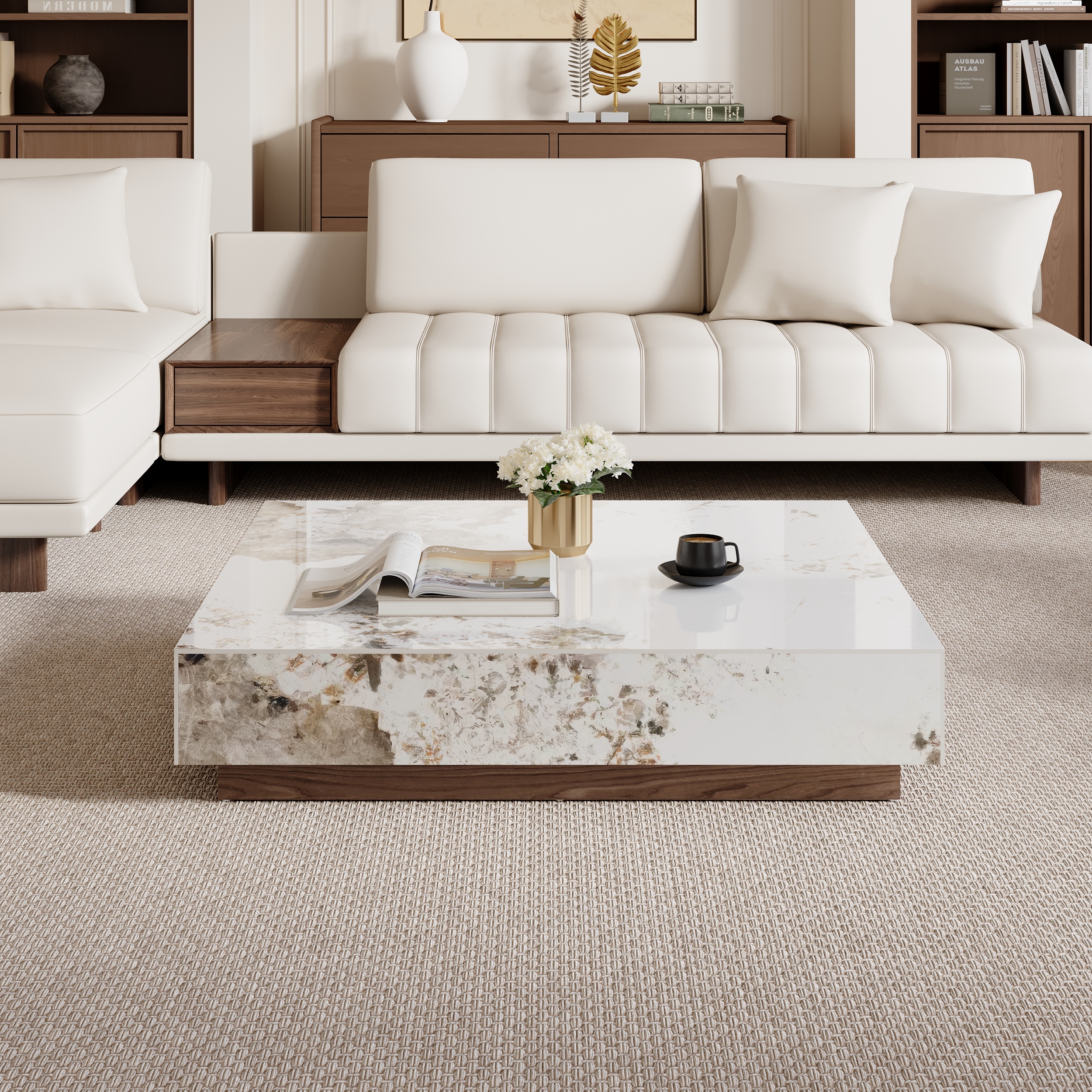 39" Square Sintered Stone Block Coffee Table With Wood Base Modern Off White Living Room Table	