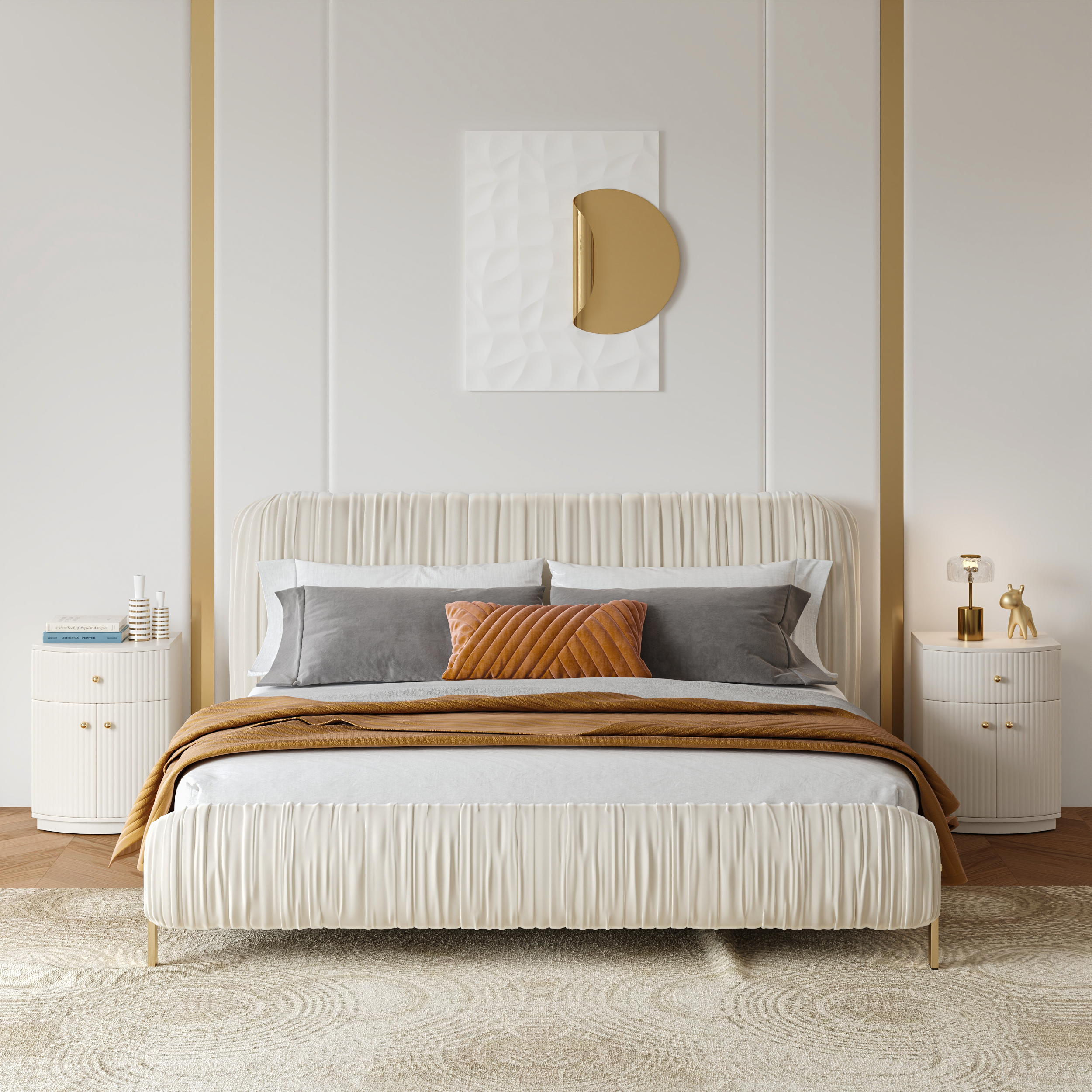 King Size Velvet Ruched Upholstered Bed Frame with Headboard Platform Bed with Light &amp; Charging Station &amp; 2 Barrel White Fluted Nightstands Set