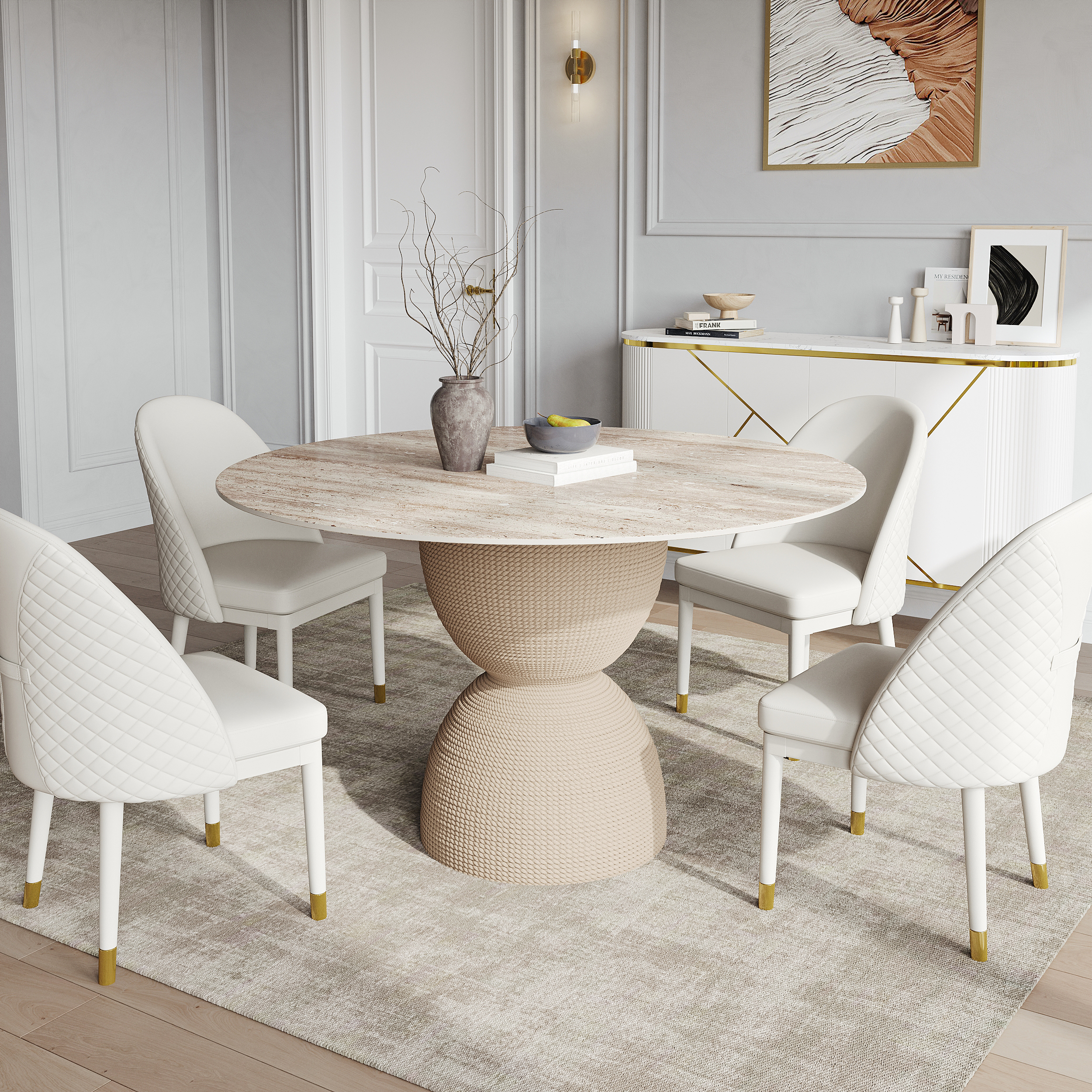 47.2" Round Dining Table Faux Marble Top for 6 People Modern in Beige Modern Style