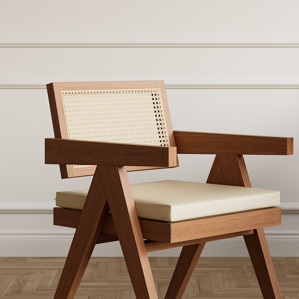 Archic Walnut Japandi Rattan Dining Chair with Upholstery & Solid Wood Frame 4-Pieces