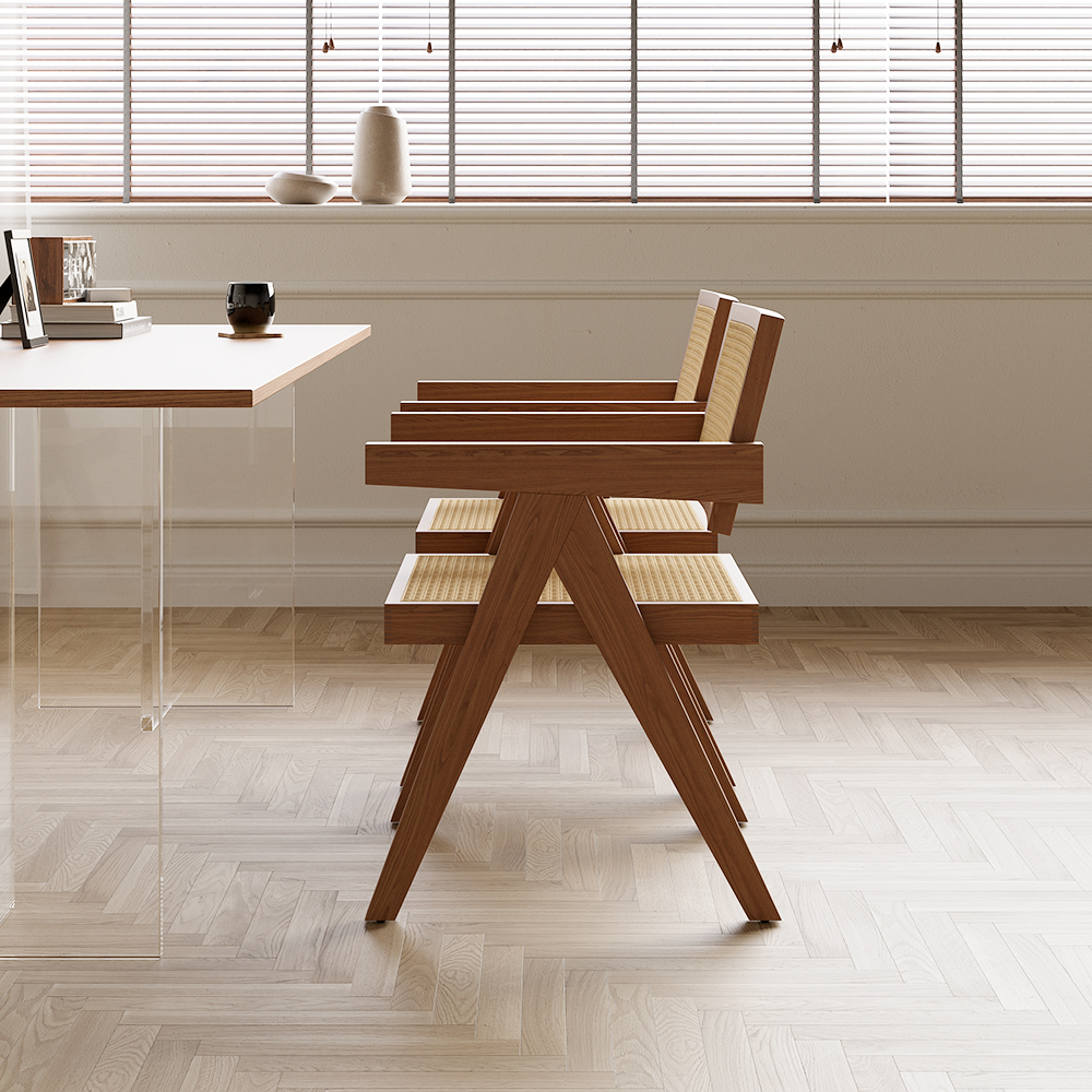 Archic Walnut Japandi Rattan Dining Chair with Solid Wood Frame 6-Pieces