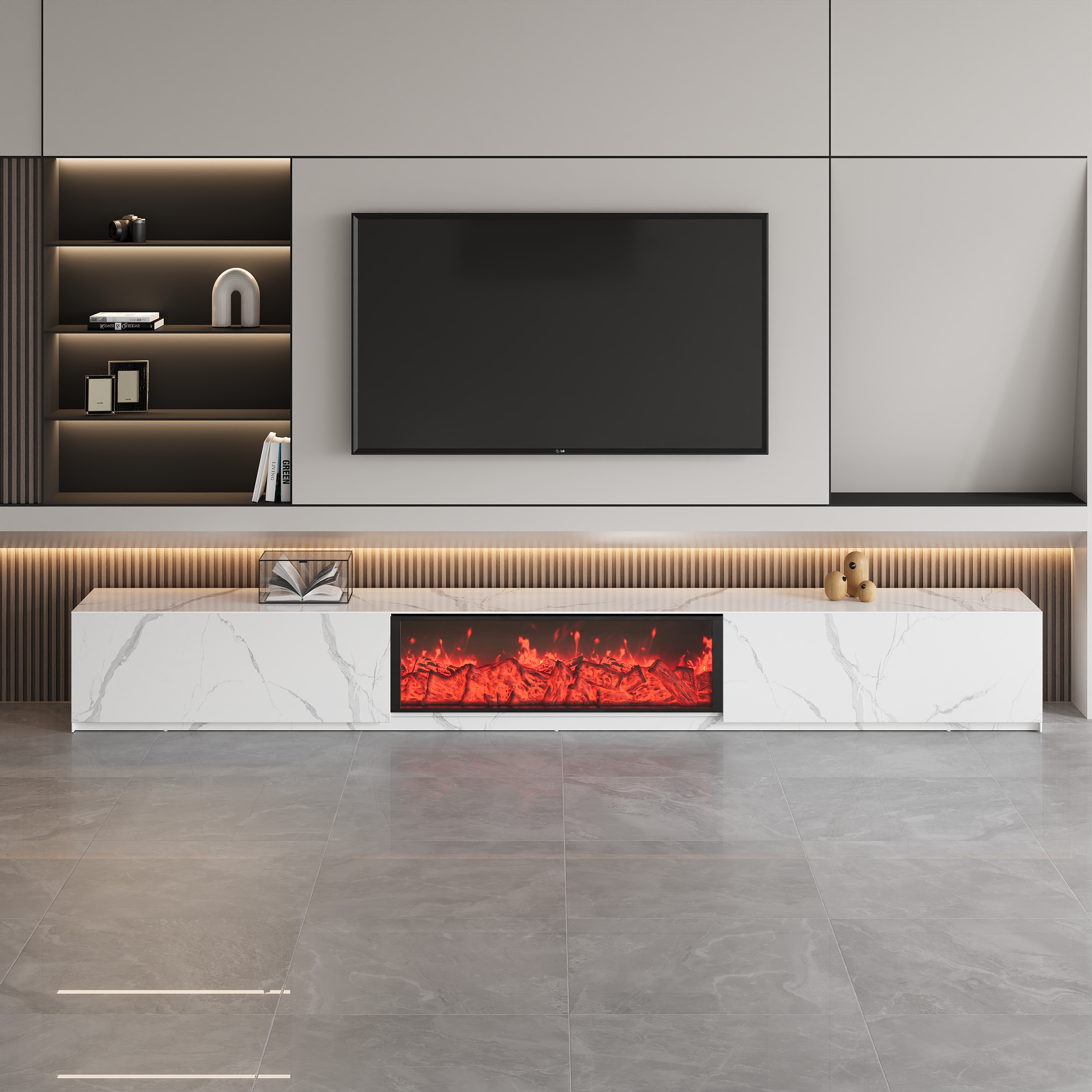 86.6" Electric Fireplace Marble Veneer Sintered Stone Storage TV Stand with Remote Control for 85"