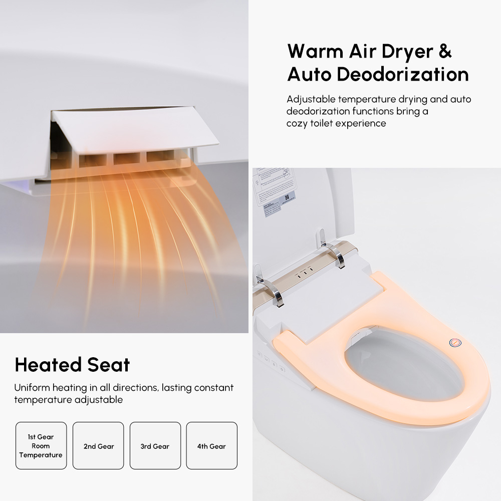 Elongated One-Piece Smart Toilet Floor Mount 1.28 GPF with Deodorizing Function White & Gold Modern