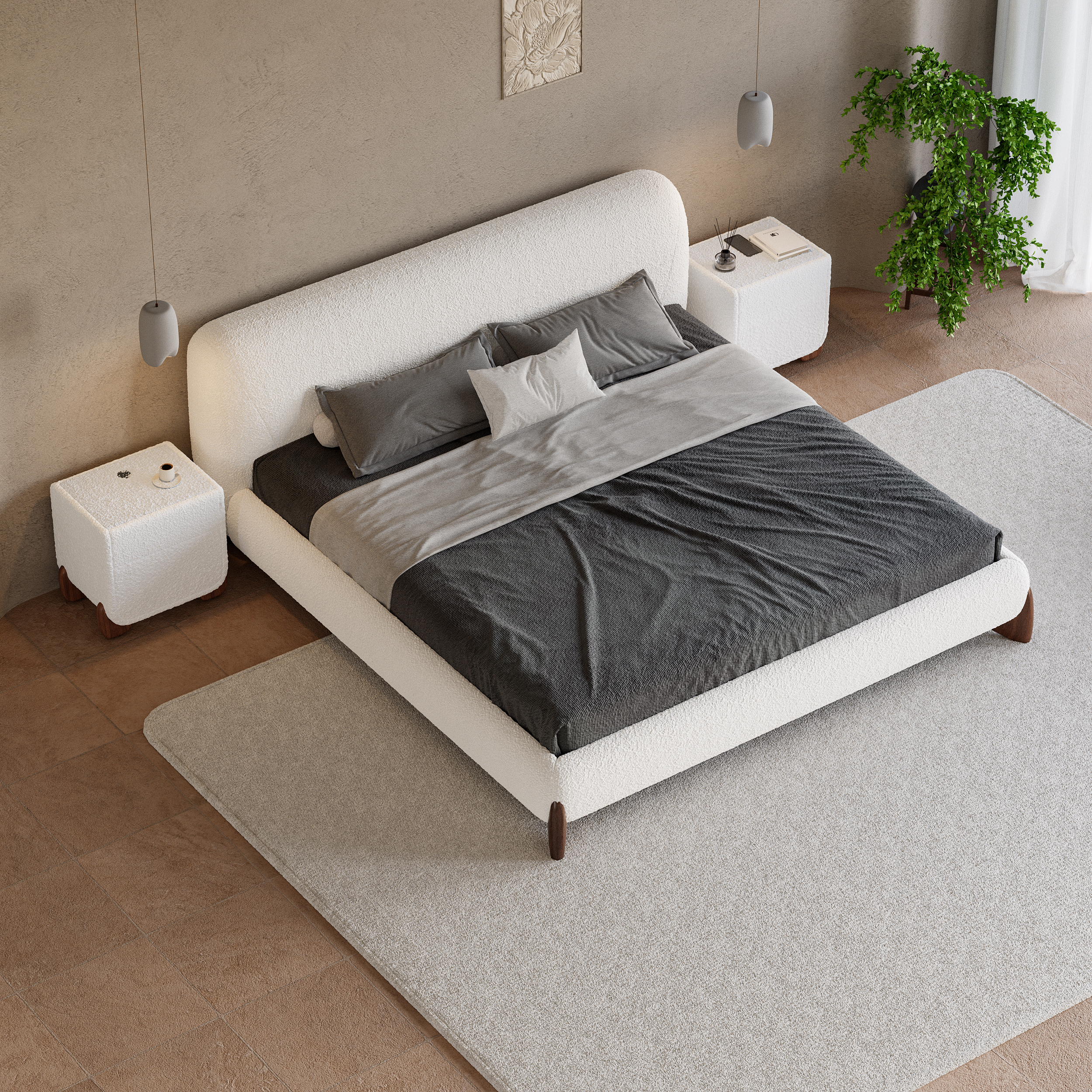 Modern White Boucle Platform Bed Queen Size Bed Frame & 2-Drawer Smart Boucle Nightstand 