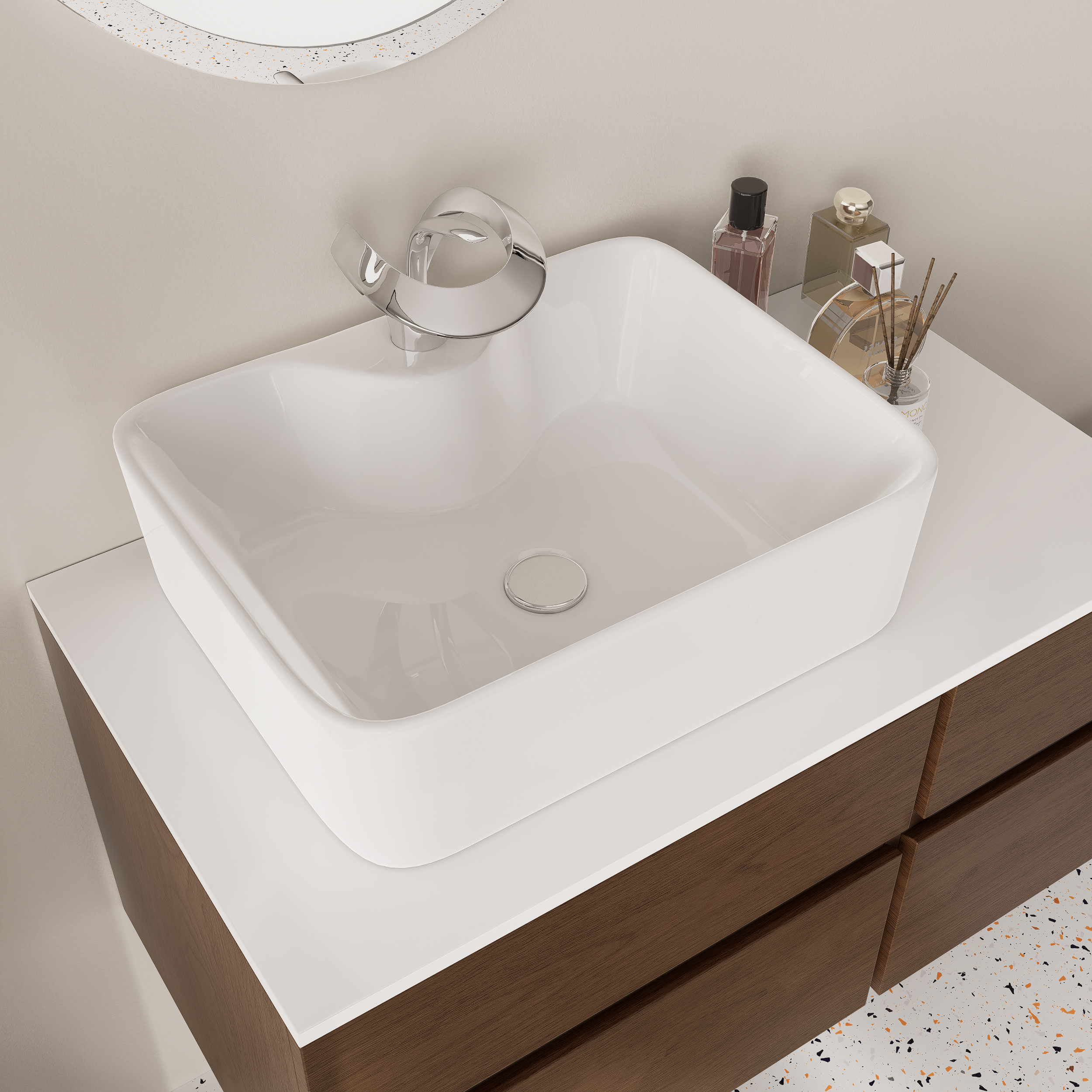 31.5" Floating Bathroom Vanity Cultured Marble Top Walnut with Ceramic Vessel Sink