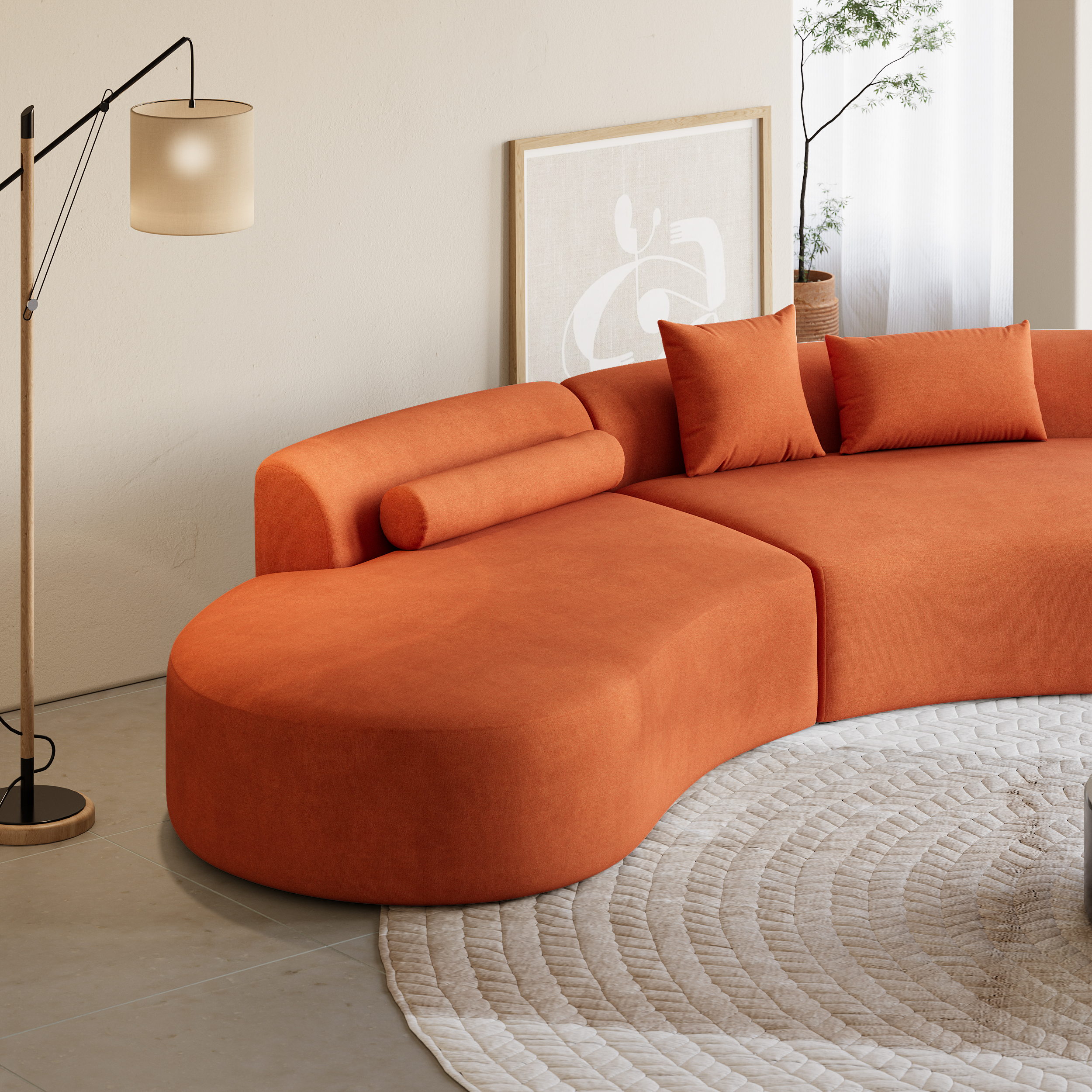 109" Modern Orange Curved Velvet Sectional Sofa 2 Piece 4-Seater Chaise with 3 Pillows