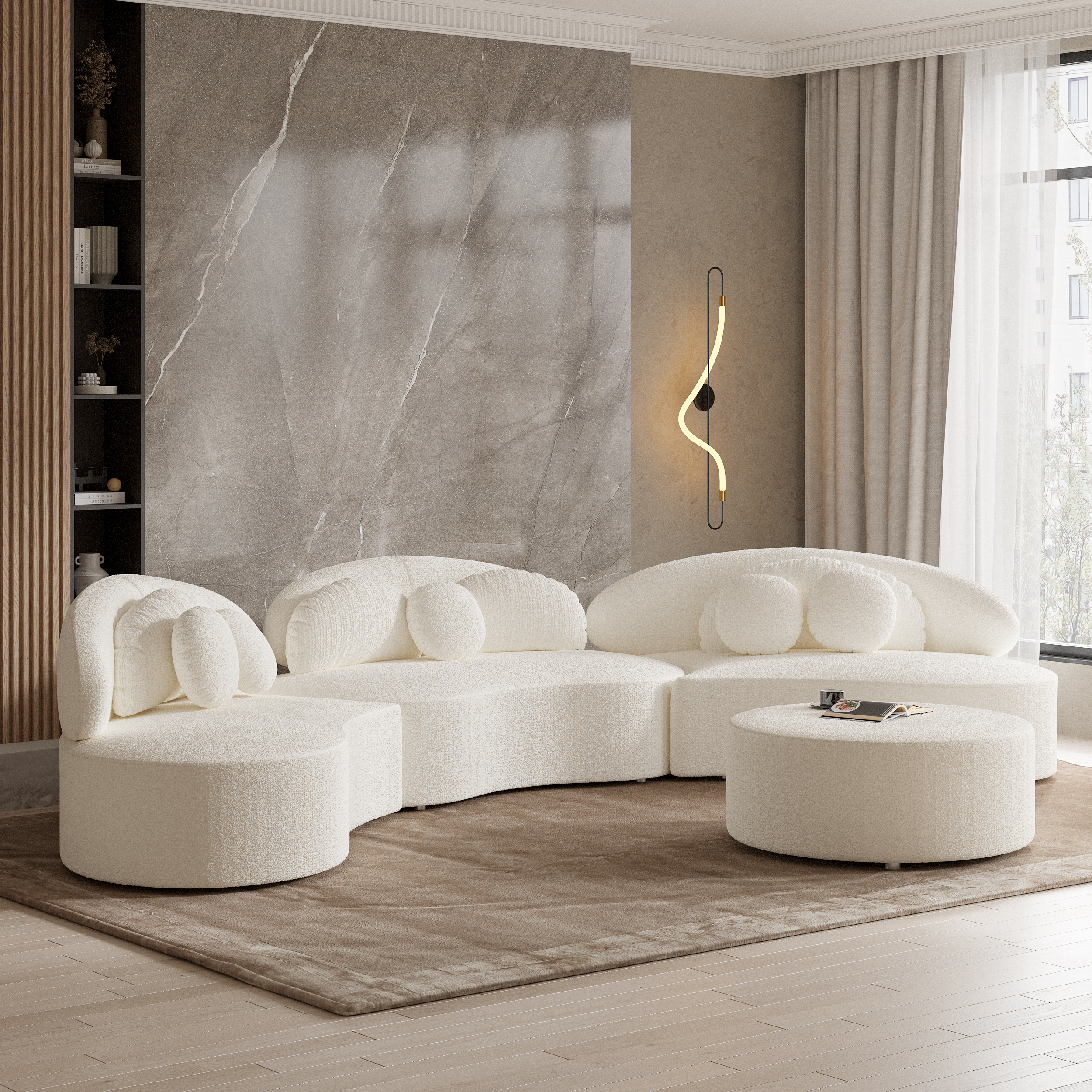 Modern 7 Seat Sectional Sofa Curved Modular White Boucle Upholstered with Ottoman
