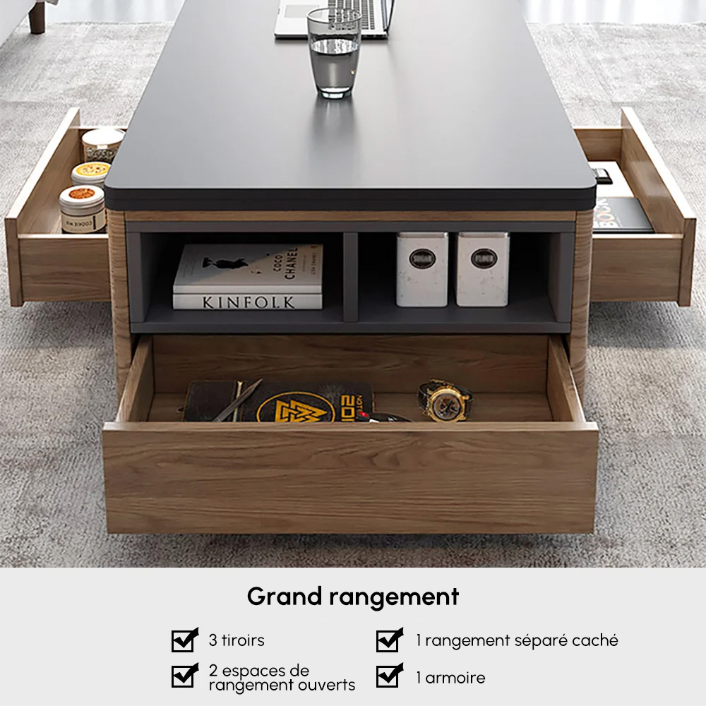 Table Basse Relevable Et Extensible HOMCOM – Plateau Pliant, Rangement Caché, 98x49x55 Cm – Brun Rustique
