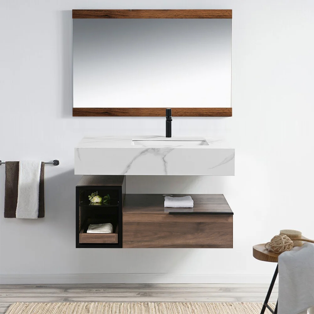 39 Wall-Mounted Bathroom Vanity Faux Marble Top with 2 Shelves &amp; 1 Drawer