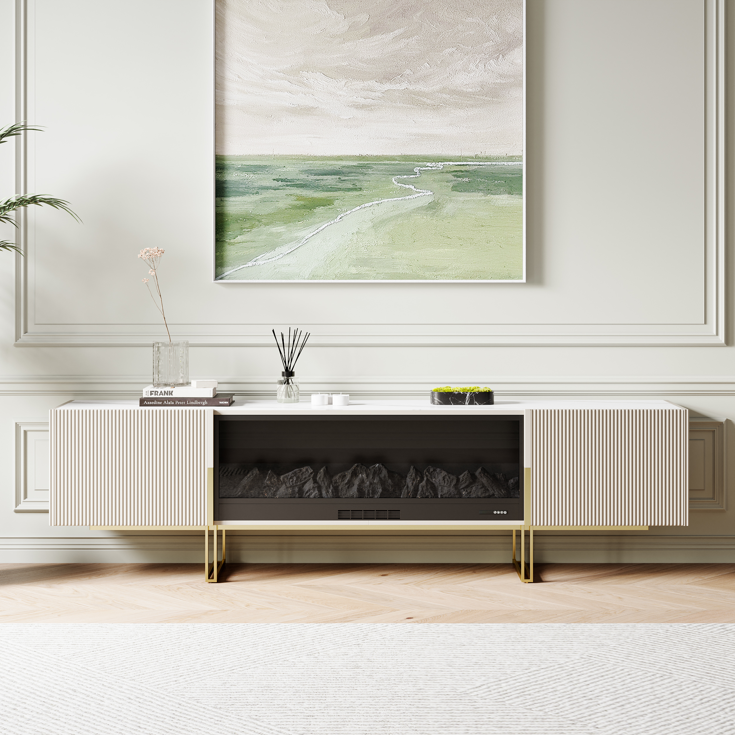 86" Electric Fireplace TV Stand Sintered Stone Top Off White Entertainment Center Temperature Adjustable