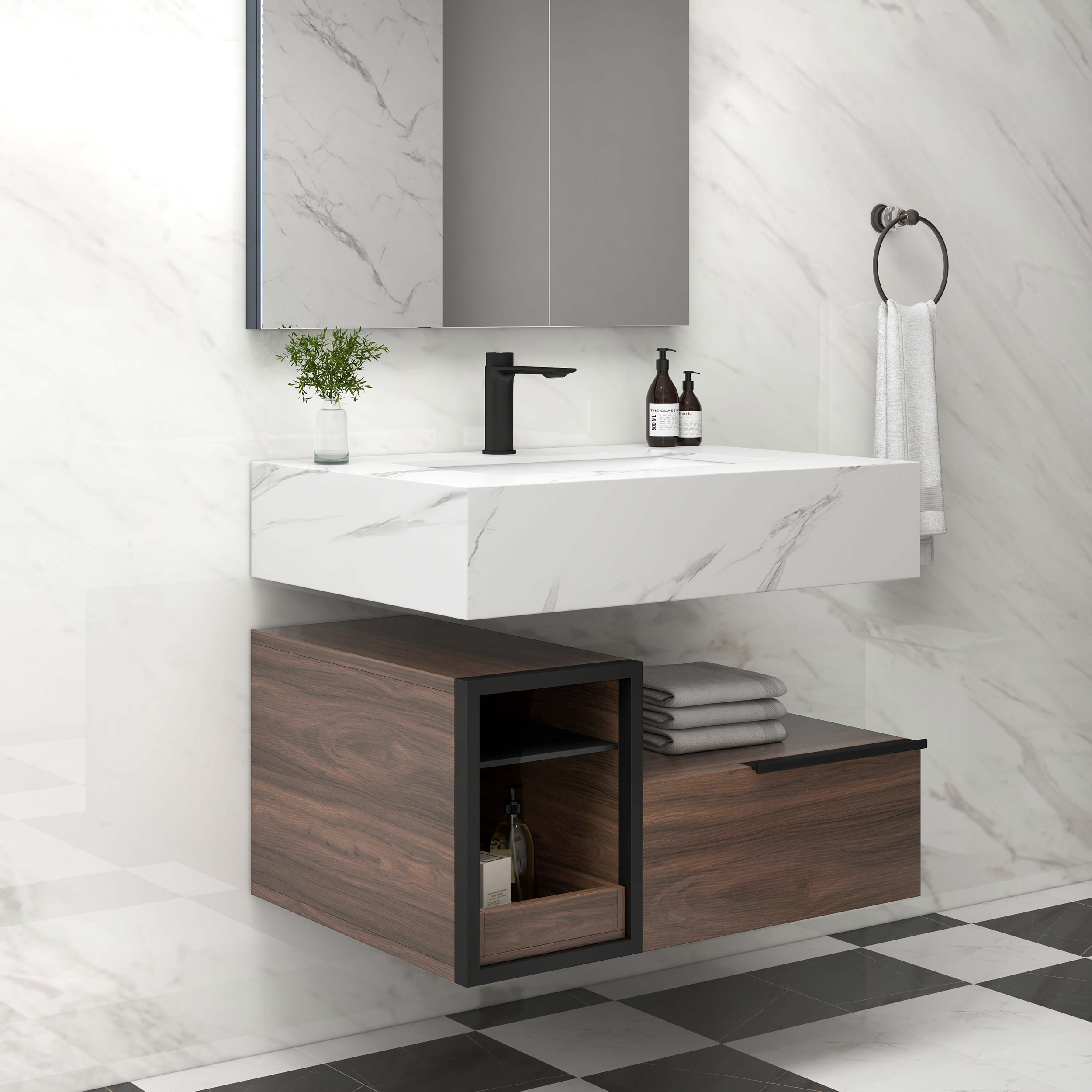 32" Wall-Mounted Bathroom Vanity Faux Marble Top with 2 Shelves & 1 Drawer