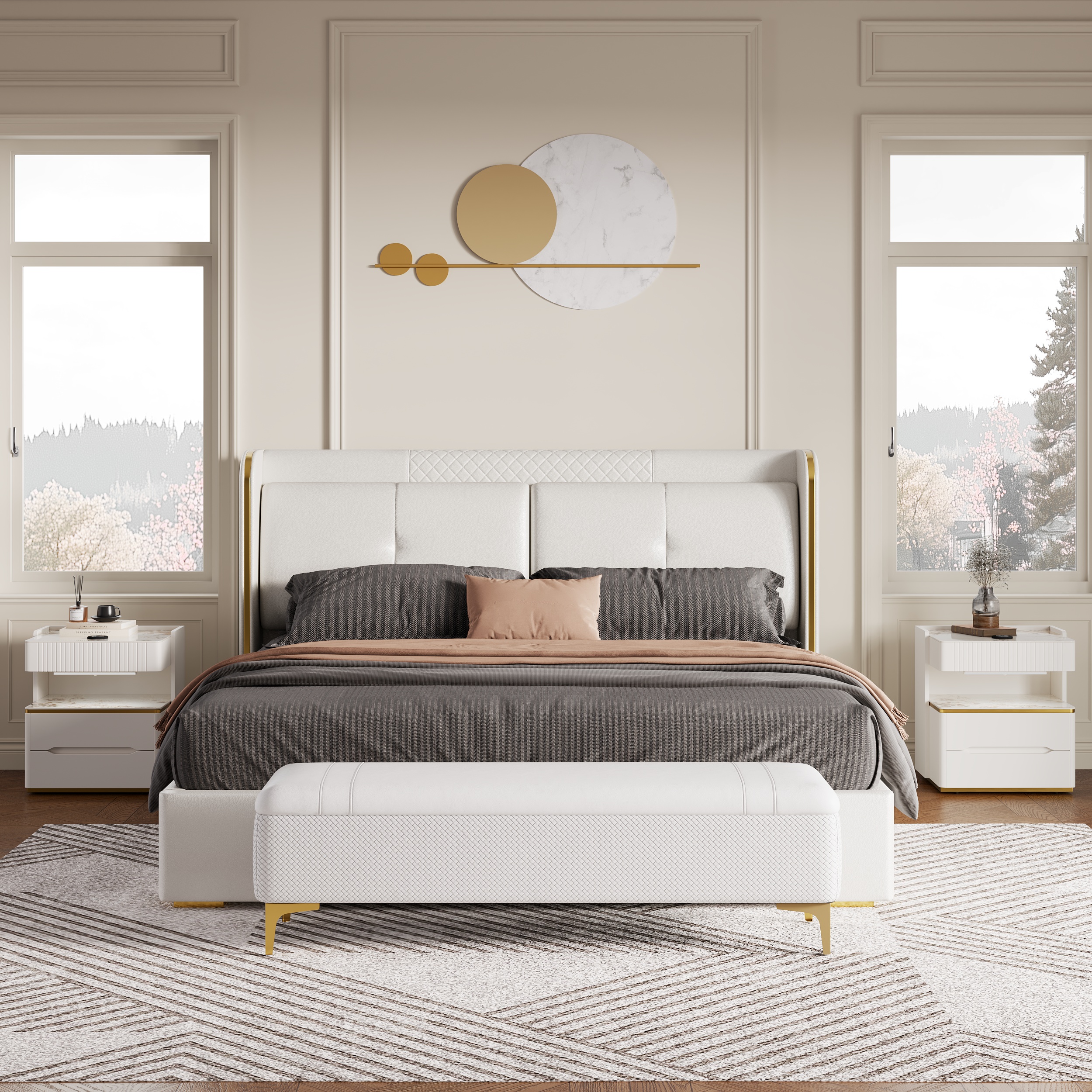 Homary White Wingback King Bed with Faux Leather Upholstered Foam Padding Headboard & Nightstands Set