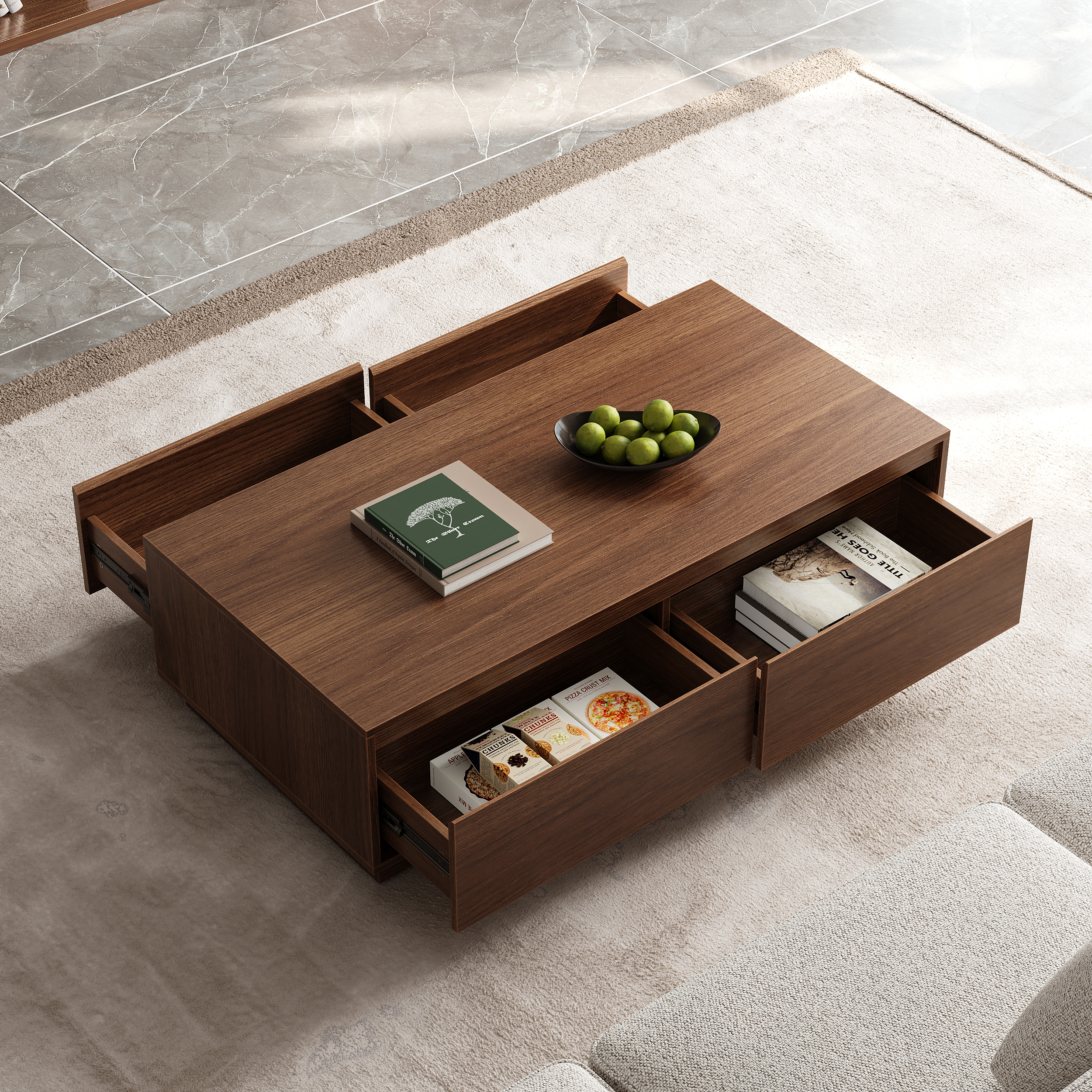 47" Mid Century Modern Walnut Coffee Table Rectangular Block Living Room Table with Storage	
