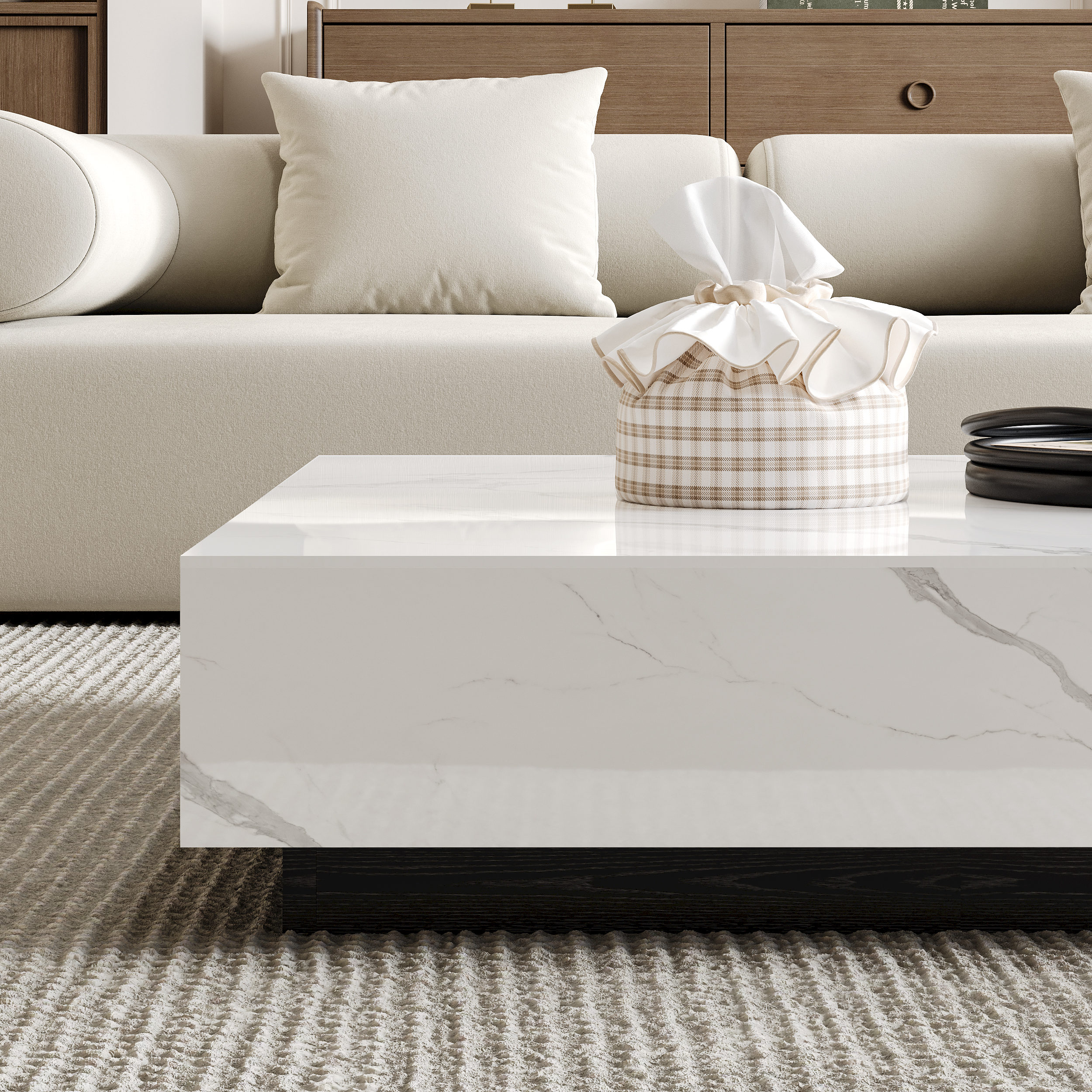 78.7" Electric Fireplace Marble Veneer Sintered Stoner Storage TV Stand with Remote Control for 75" TV 39" Coffee Table Set