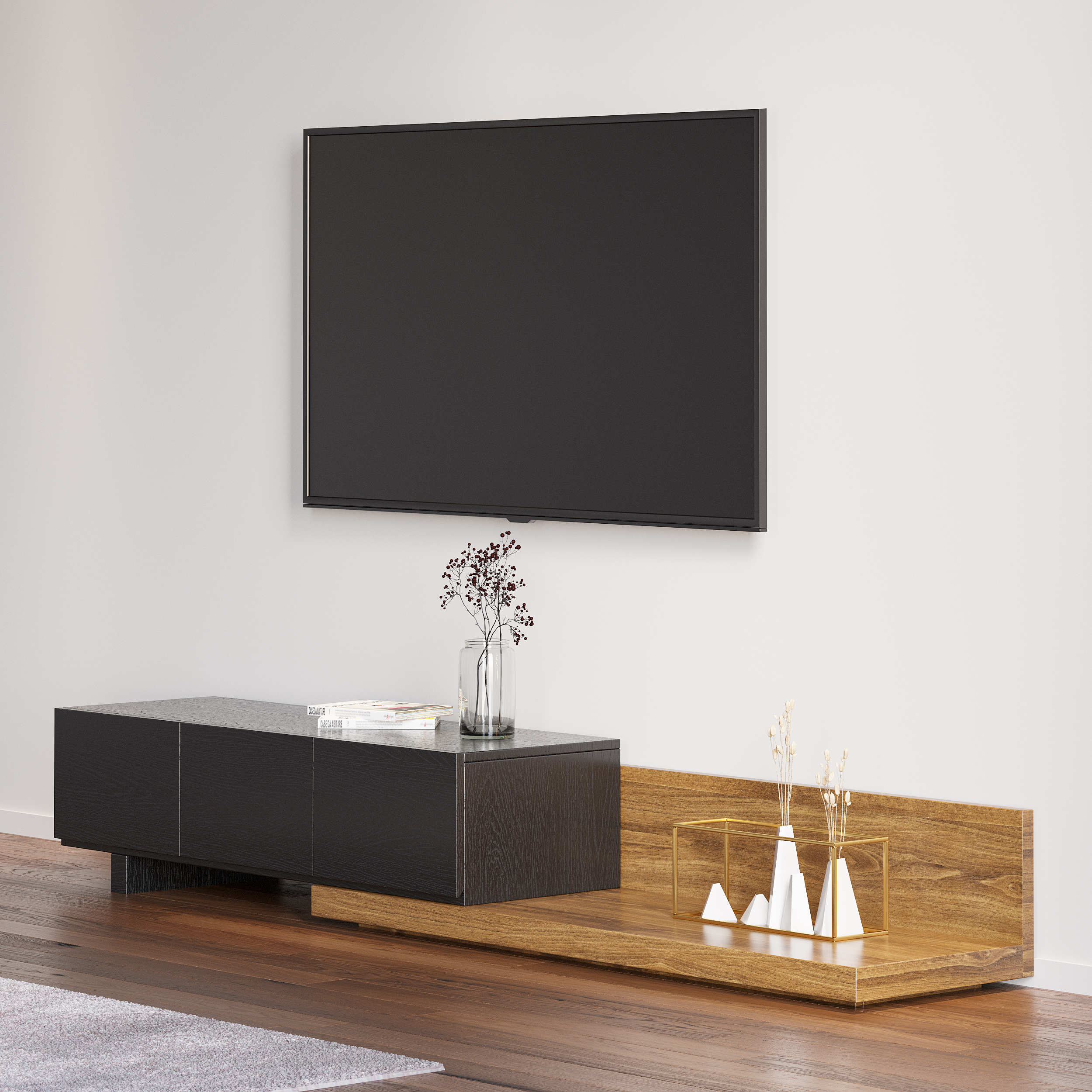 Rectangle Wood Extendable TV Stand Black and Walnut Floor Media Console with 3 Drawers